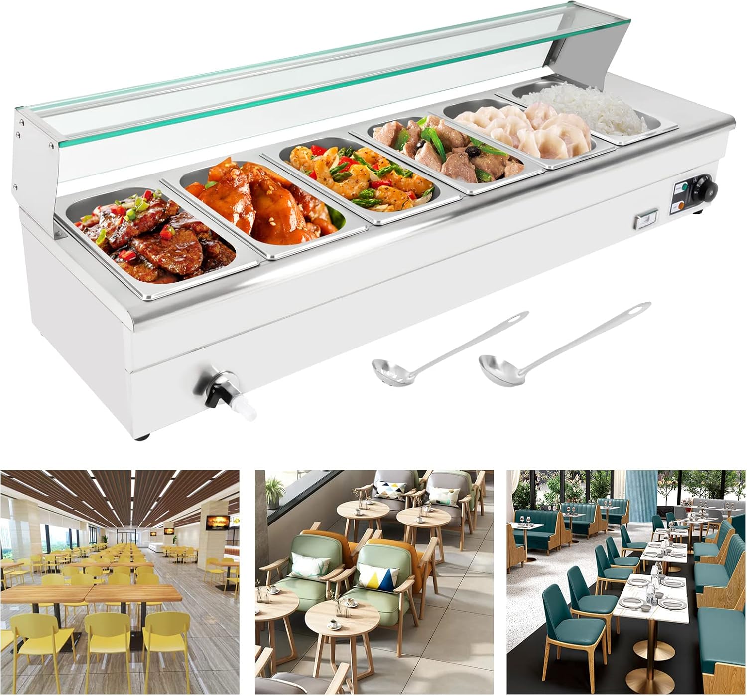 Commercial Food Warmer, 6 Pan x 1/3 GN Food Grade Stainless Steel Food Steam Table, 110V 1200W Electric Countertop Food Warmer with Temperature Control, 19QT Bain Marie Food Warmer for Buffet Home