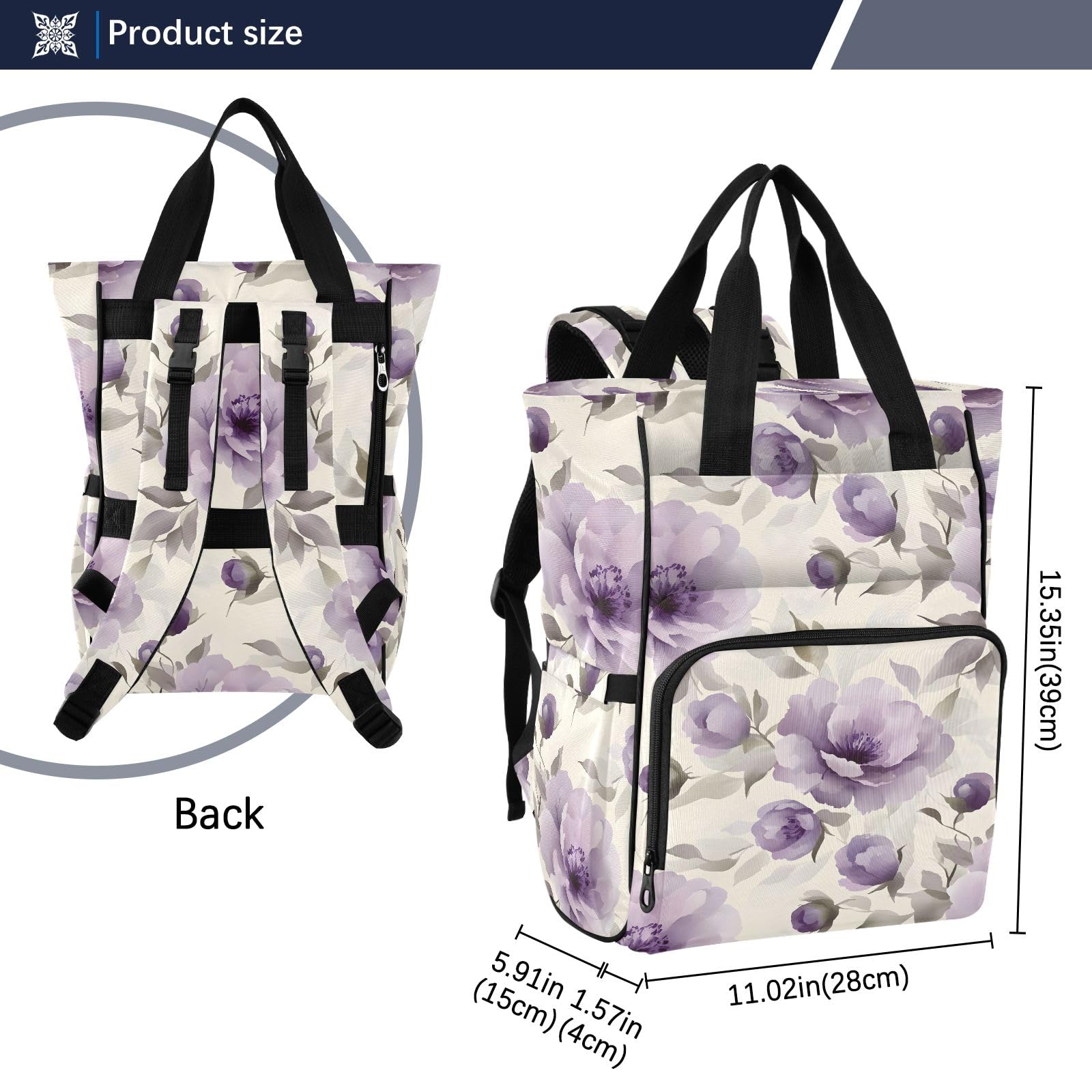 Mnsruu Borsa per pannolini per bambini con motivo floreale viola pallido borsa grande borsa impermeabile da viaggio borse per pannolini per mamme e papà