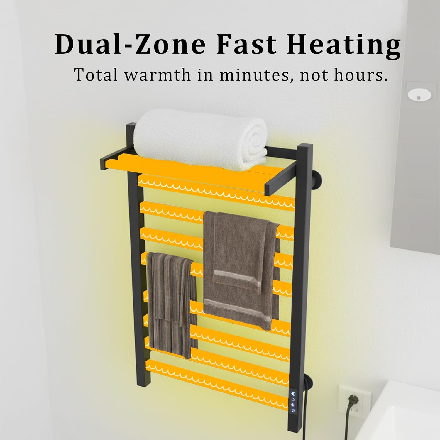 8-Bar Towel Warmer with with Top Warmer Shelf, Electric Towel Rack Set with Fast Heating, Auto Shut-Off Timer, Matte Black Finish, Hardwired or Plug-in, Hot Towels in Bathroom