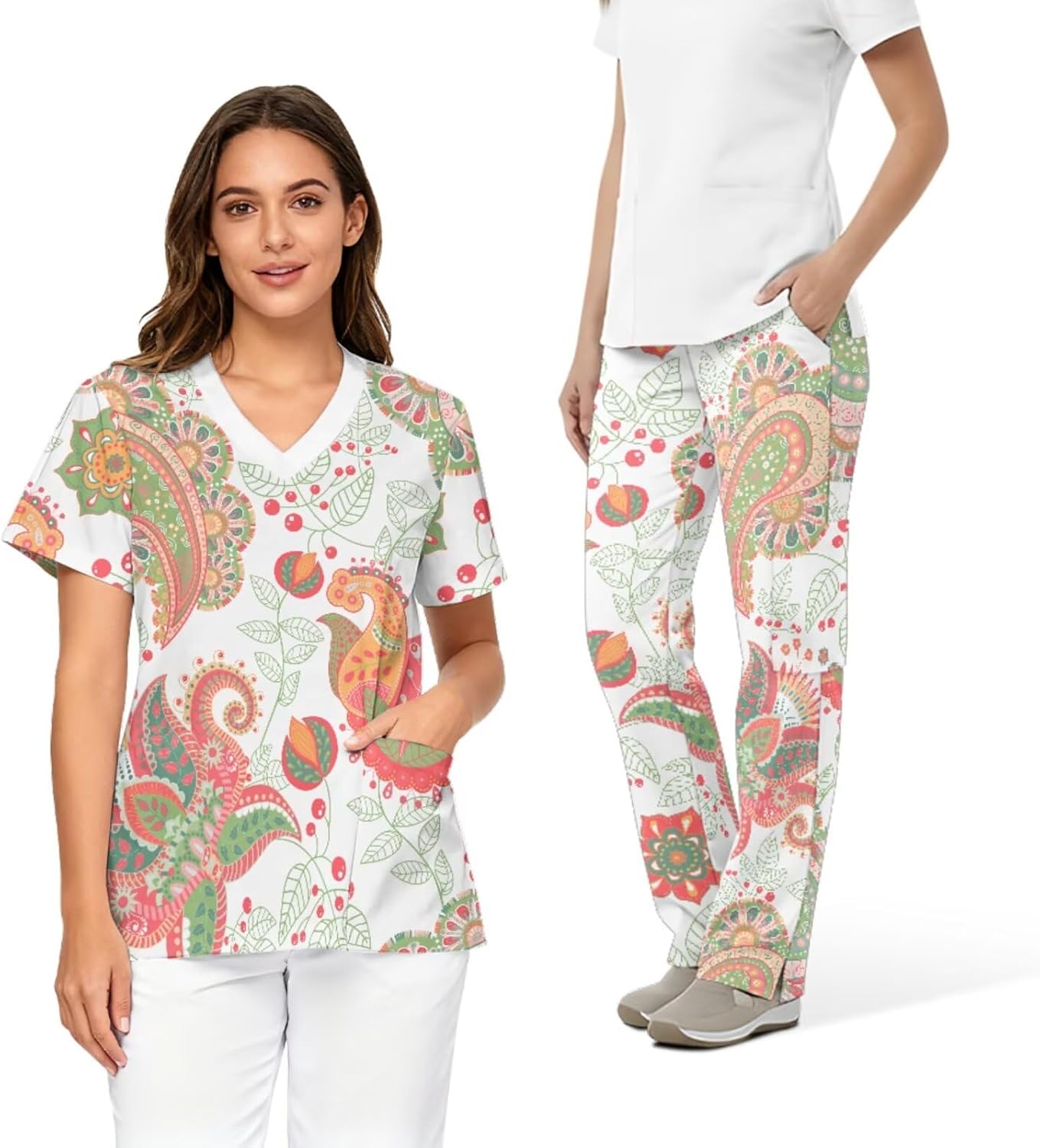 Scrubs Set for Women Printed Stretch V-Neck Scrub Tops with Pants, 6 Pocket Medical Uniform for Nurse Doctor Work