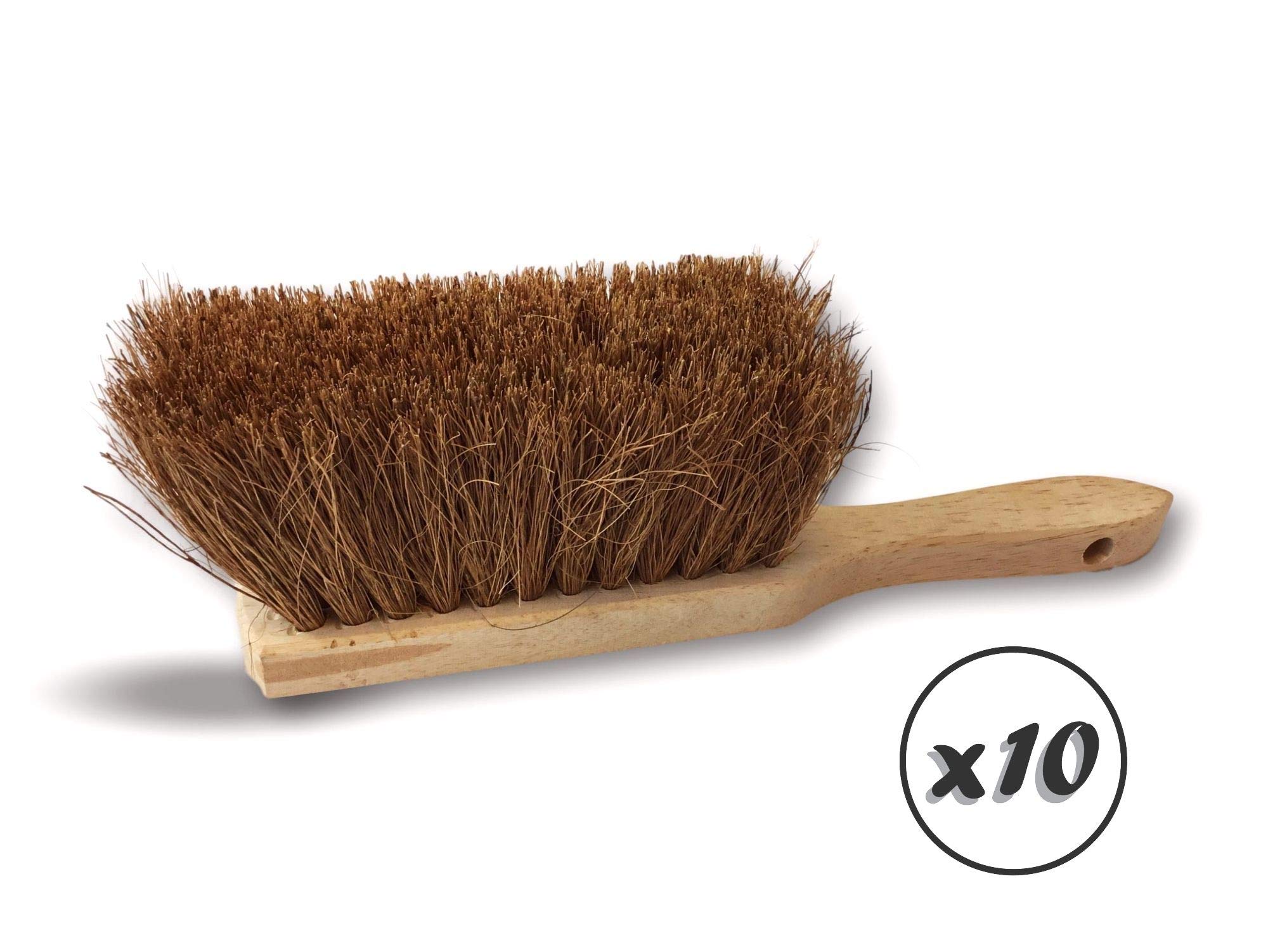 Lot de 10 balayettes brosses en Fibres Naturelles de Coco | Manche Court en Bois | Longueur 29 cm | Poussière Sable Terre Ciment Cendres cheminées barbecues | Kibros 2155x10