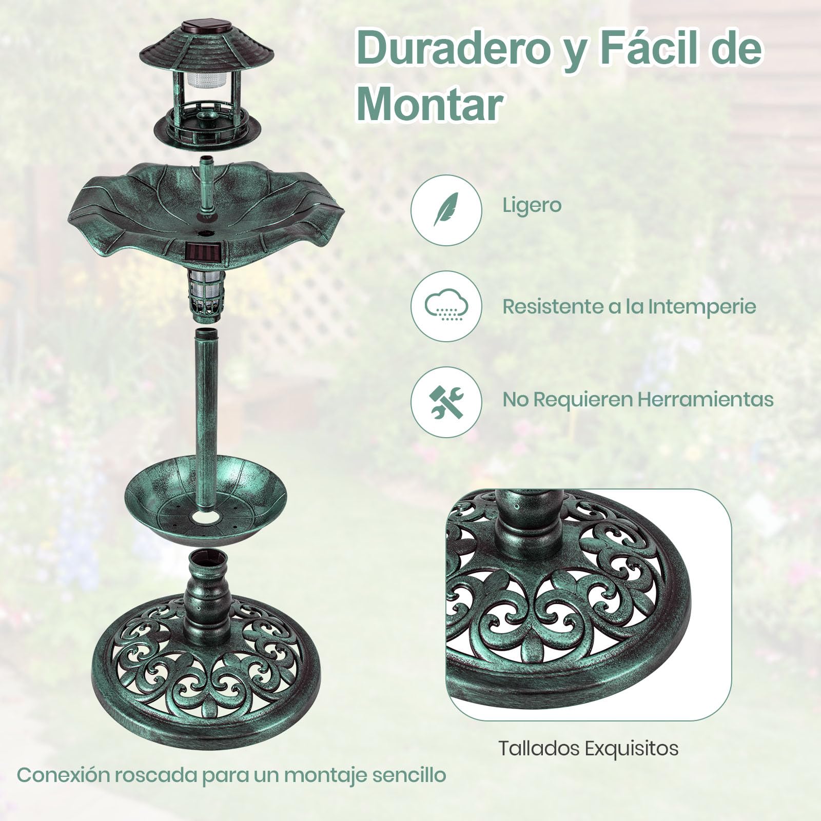 GYMAX Comedero y Baño para Pájaros Exterior, Bebedero Pajaros con 2 Lámparas Alimentadas por Energía Solar, Macetero de Flores, Soporte Rellenable, Bañeras para Decorativas de Jardín y Bosque