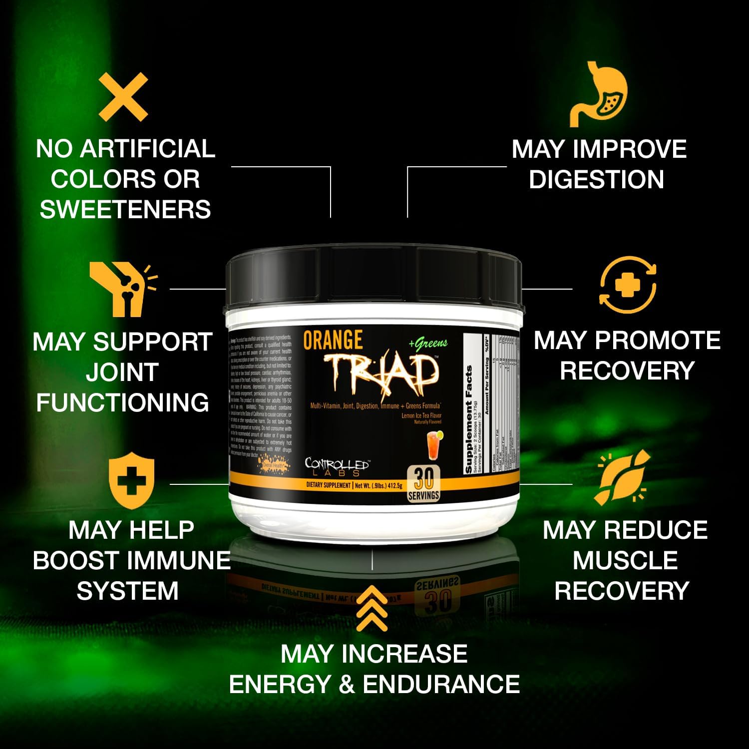 CONTROLLED LABS Orange Triad Plus Greens for Men and Women, 30 Servings Iron Free Sports Supplement for Overall Health, Multivitamin, Digestion, Immune System, and Joint Health