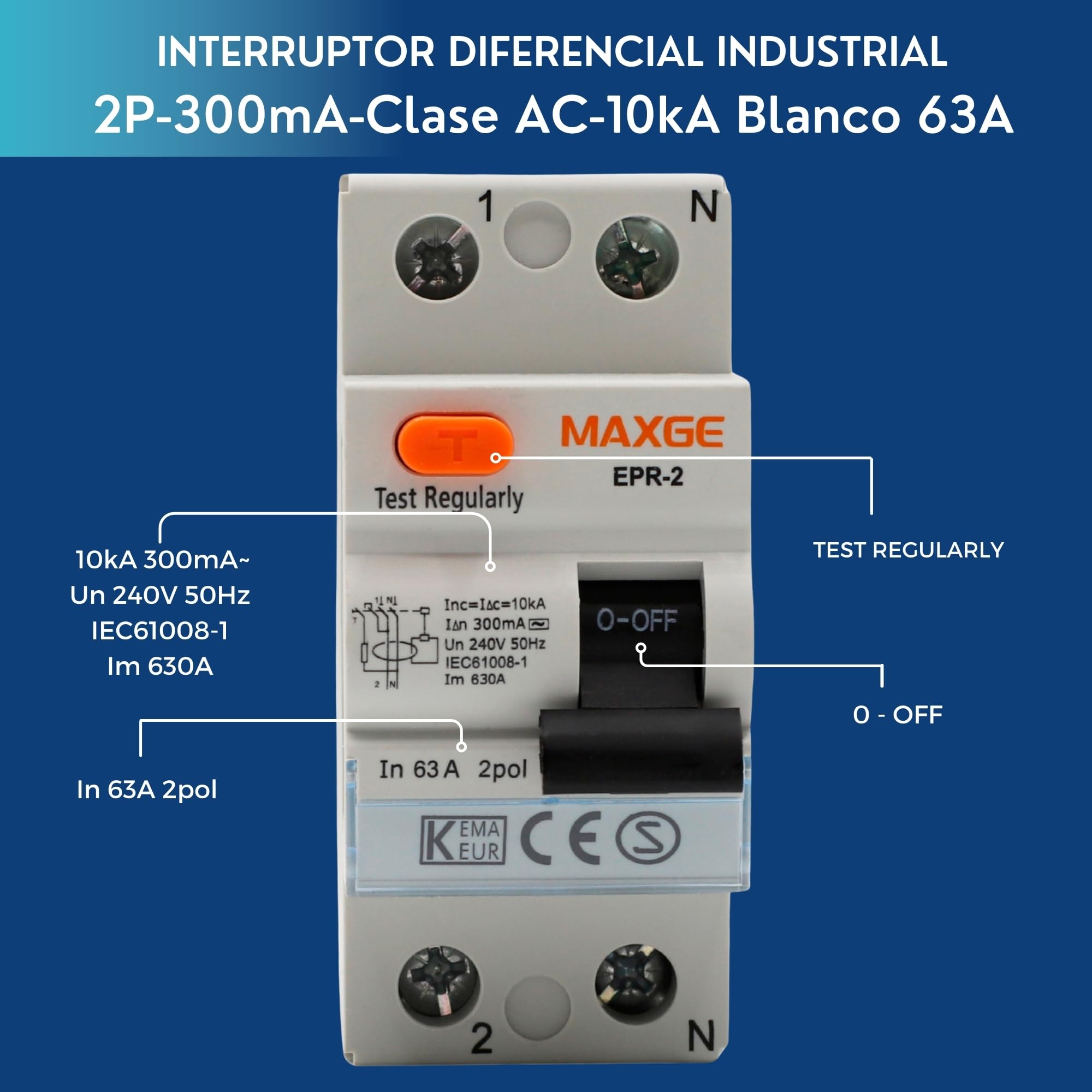 TECHZOCO Interruptor diferencial industrial y terciario Clase AC, Tensión de empleo 415/240V AC, Normativa EN/IEC61008-1, Poder de corte 10000A, Clase AC Detecta corrientes de fuga alternas, 63A
