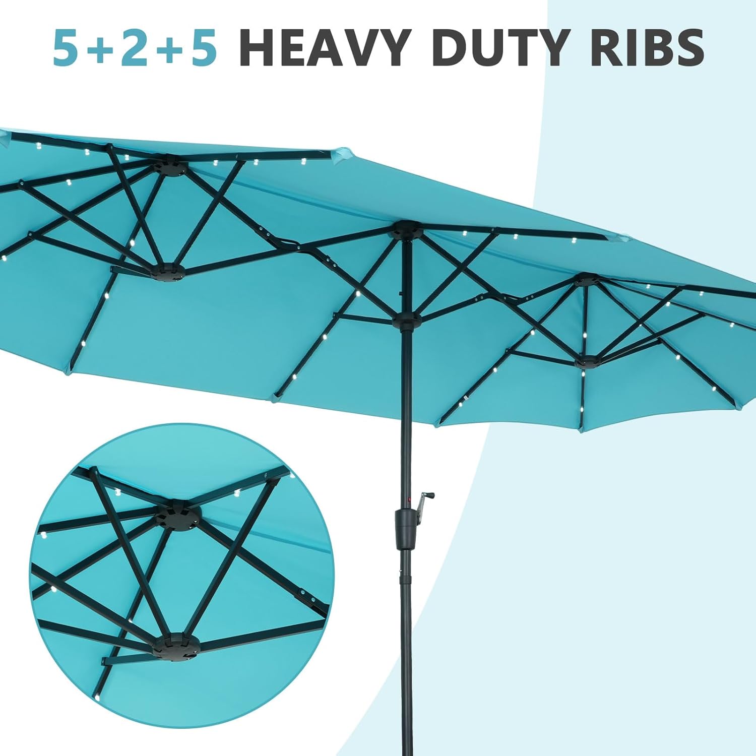 13Ft Large Patio Umbrella with Solar Lights Outdoor Double-Sided Market Table Umbrella Easy Crank for Yard, Poolside, Deck-Blue