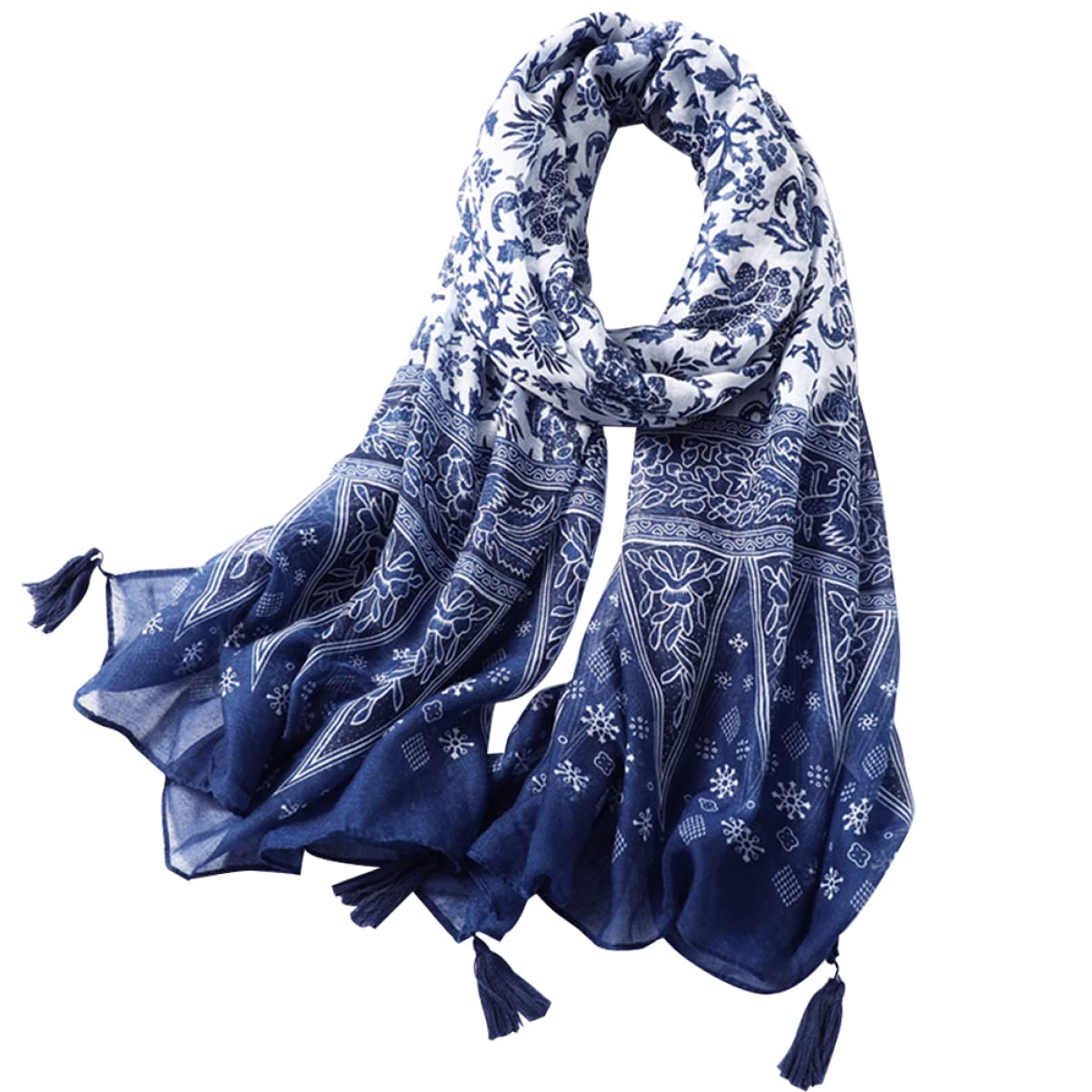 GALPADA 3pezzi Sciarpa Lunga Cotone Con Motivo Porcellana Blu e Bianco Elegante Sciarpa Frangia Femminile Per Picnic Spiaggia e Attività All Aperto
