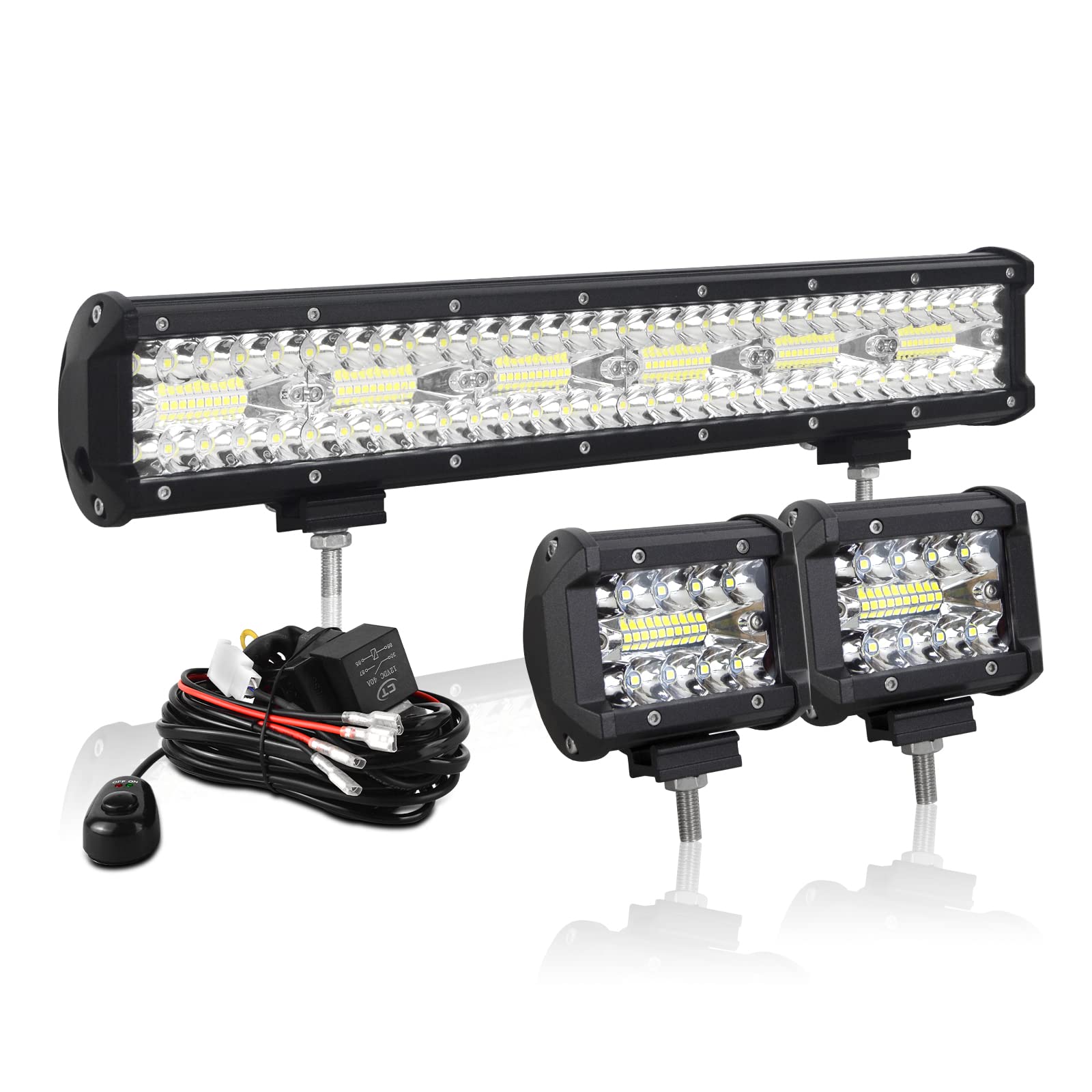 AUXTINGS 46cm 360W Barre Rampe LED +2X 10cm Spot Phare de Travail LED Projecteur LED Etanche Feux Antibrouillard LED Feux de Travail avec 12V câblage pour Voiture Camion Tracteur SUV Bateau
