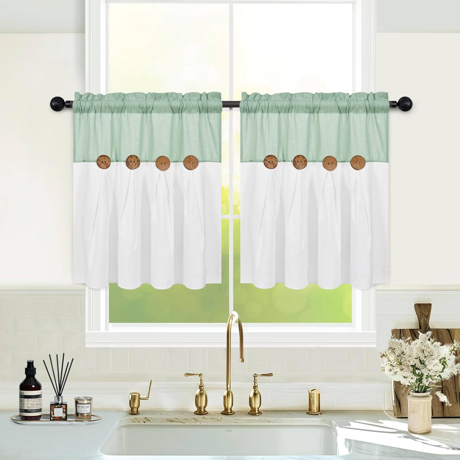 FRAMICS Boho Kitchen Curtains 24 Inch Length, Farmhouse Cotton Linen Tier Curtains, Rustic Button Short Curtains for Windows, Sage Green Country Cafe