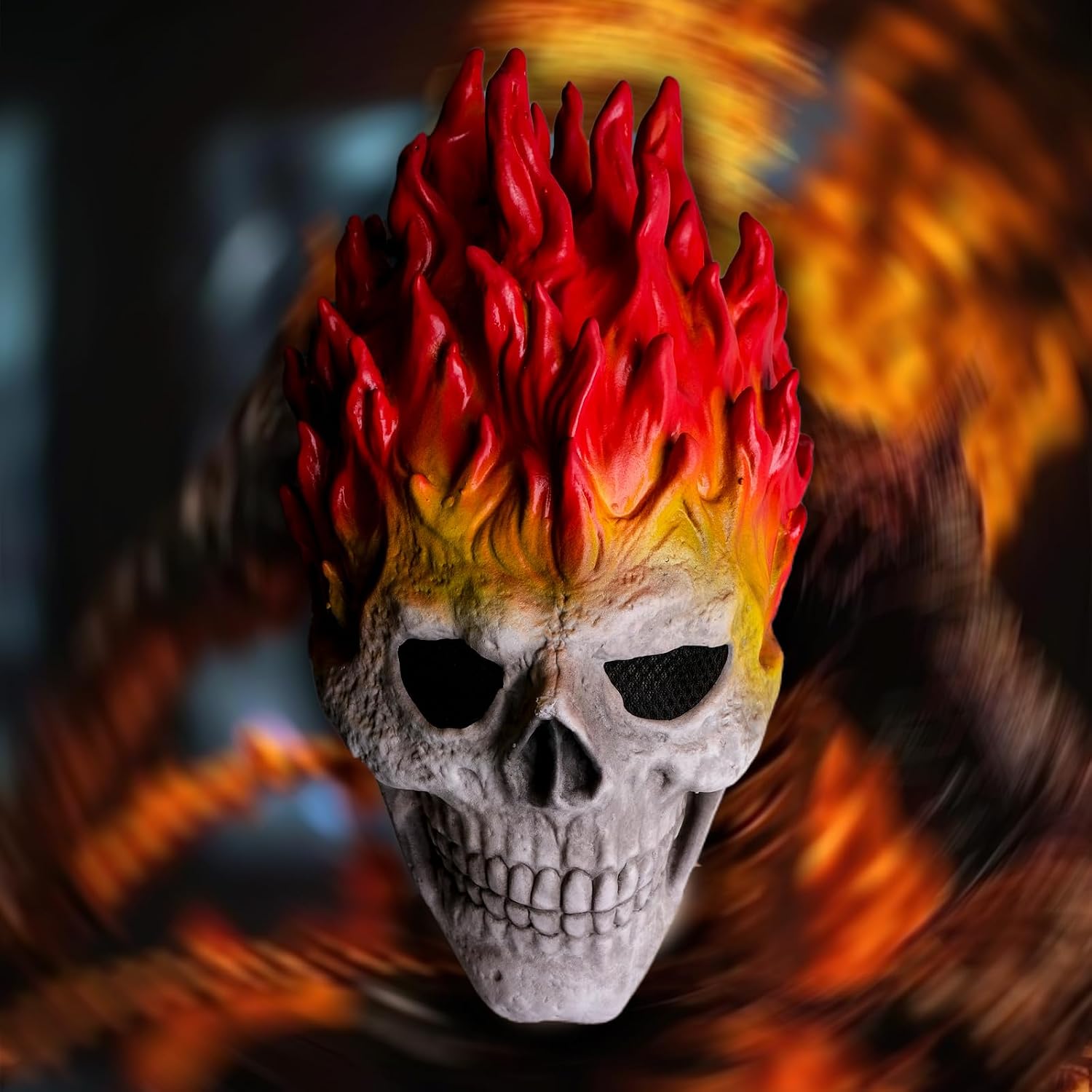 Flame Skull Halloween Mask - Realistic Latex Full Head Skeleton Mask with Flame Hair