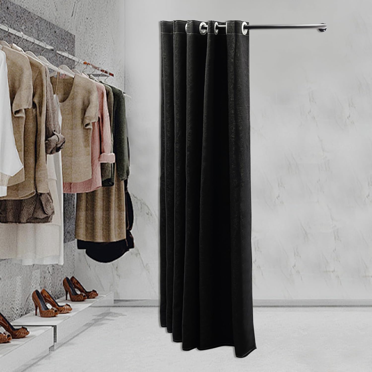 U-Dressing Fitting Room, Clothing Store Dressing Room, Corner Wall Mounted Privacy Protection Changing Room Used in Mall and Office, Hanging Rod&Linen Flannel Fabric Shade Cloth (Black)