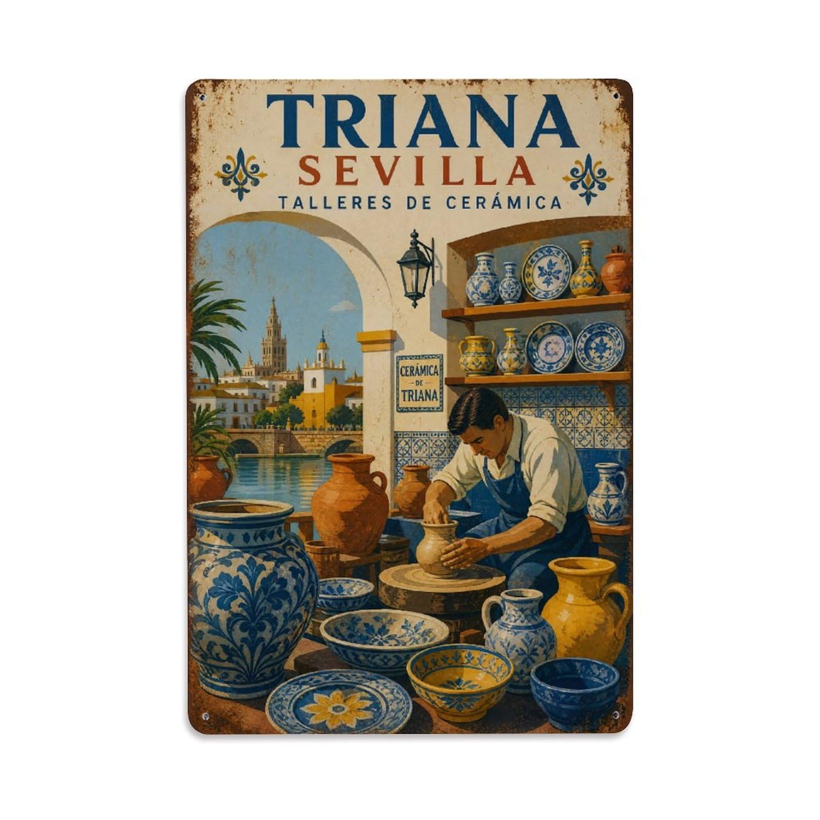 Huiyhb 8X12inch(20X30cm) Vintage Travel Triana Ceramic Workshops Seville Pottery Metal Tin Sign