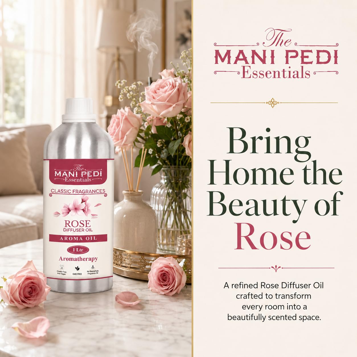TMPE Rose Diffuser Oil with Long-lasting Aroma. Classic Floral fragrance Uplifts Mood, & Promotes Relaxation | Ideal for Aromatherapy, Diffusers & Air Purifiers - 1 L (1000 ml)