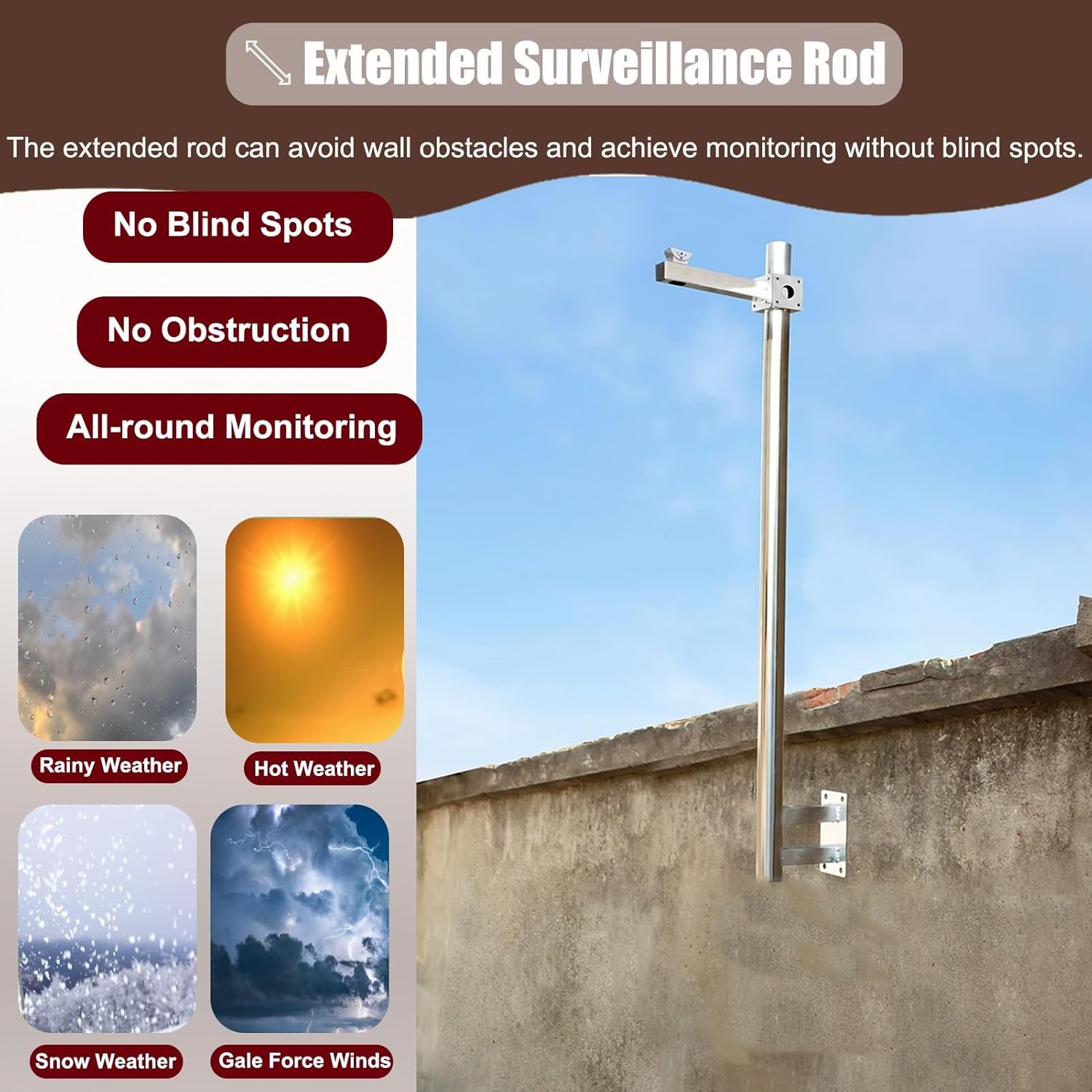 Extra-Long Stainless Steel Surveillance Pole for Roof Inspection, 4-6.6 ft Universal Security Camera Mounting Tube (Single Gun, 0.5 m/1.64 ft)