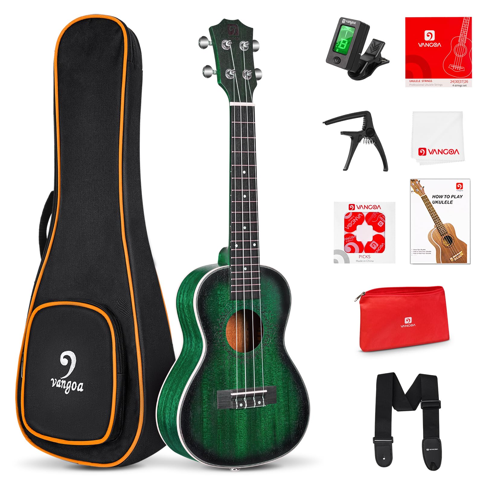 Vangoa Ukelele 21 Adult Beginner Soprano Ukulele Mahogany Bundle Professional Wooden Hawaiian Starter Uke Kit, Green