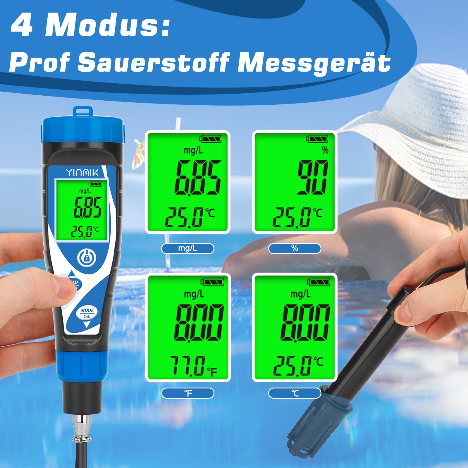 YINMIK Sauerstoff Messgerät Wasser, Digitaler Gelösten Sauerstoff Tester, Pool Sauerstoffmessgerät, Aquarium Sauerstoff Testkit mit 3 m DO-Sonde, Tragbares Intelligentes Wasser Sauerstoffmessgerät