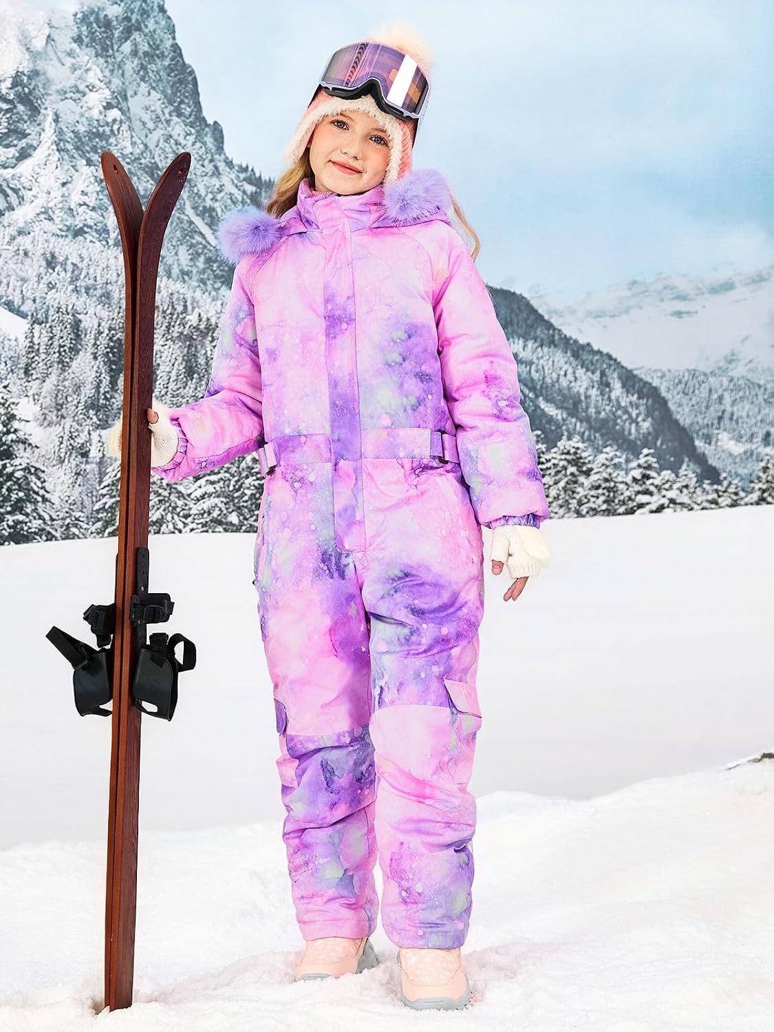 Haloumoning Girls Colorful One Piece Snowsuits Kids Hooded Fleece-Lined Waterproof Ski Suits Coveralls Winter Jumpsuits