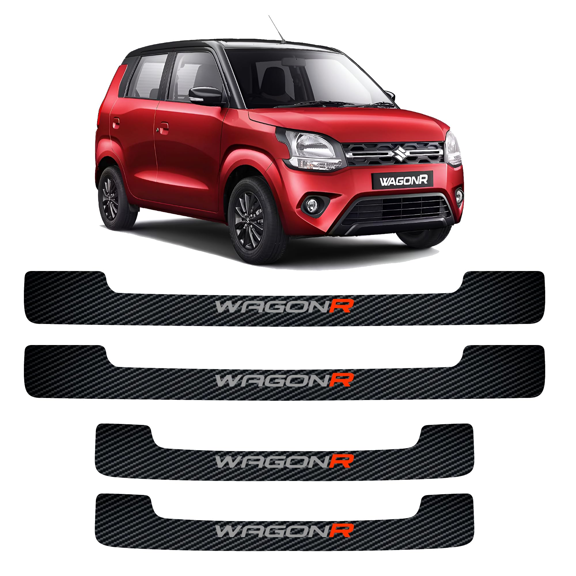 D WRAPS Wagon R Car Door Sill Guard Sticker – Black Carbon Fiber Anti-Scratch Paint Protection PVC Strip with Silver Red WagonR Logo – Car Accessories for Maruti Suzuki Wagon R (Set of 4)-image-25