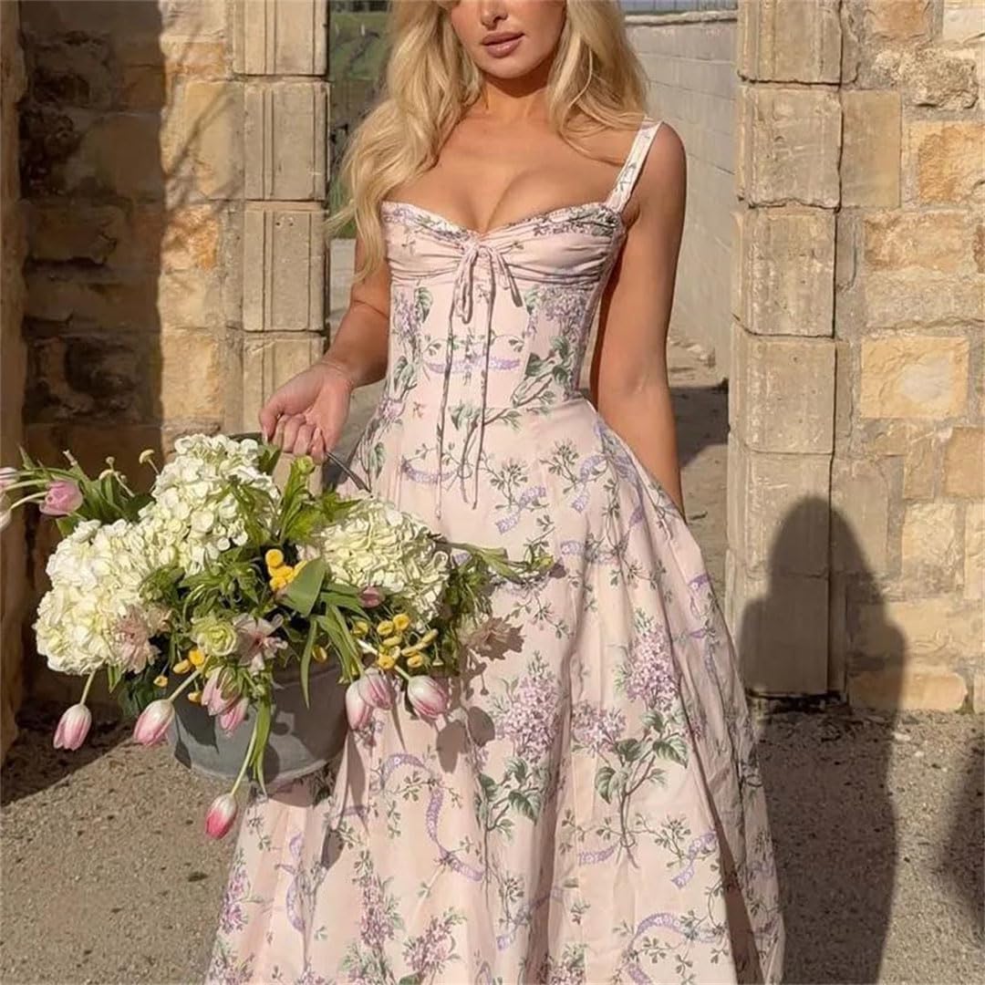 Vestido largo midi con tirantes delgados y estampado floral para mujer