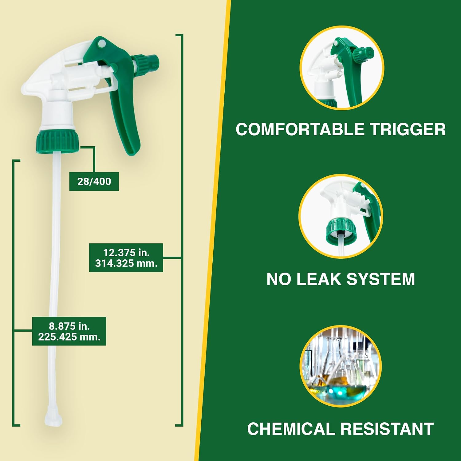 Heluva Green Spray Bottle Nozzle Replacement, Bottle Tops Only - Sprayer Nozzle Triggers for Heavy Duty, Commercial, Home Cleaning Solutions - Fits 8,16,24,32 oz Plastic & Glass Bottles, Mixed 3 pack