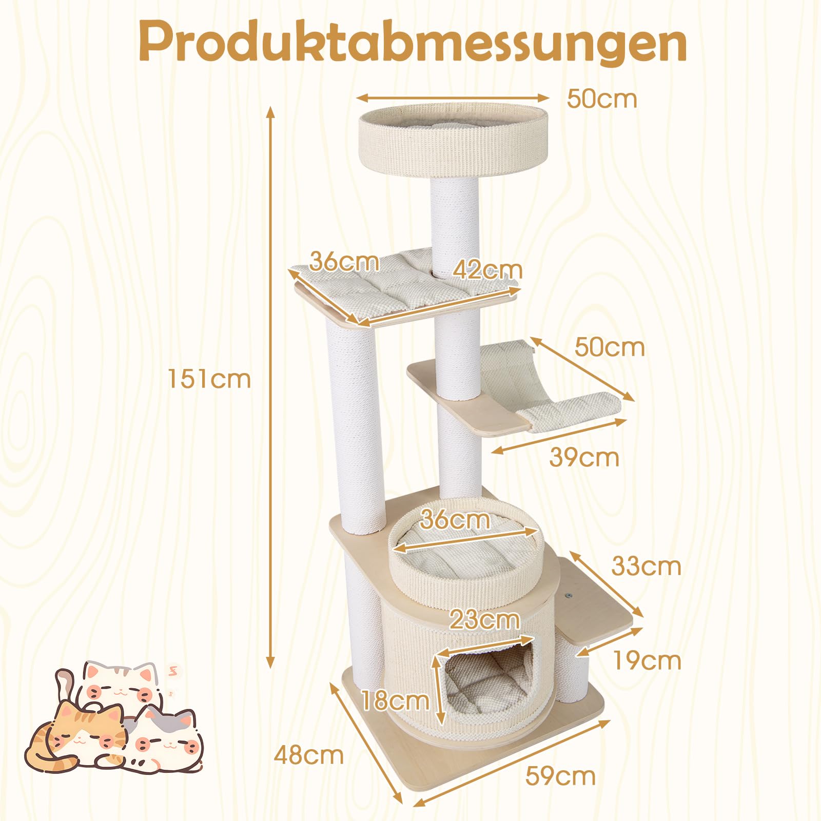 COSTWAY Drapak duży, 151 cm, drewniany drapak dla kota z grubymi pniami, platformami, jaskinia, łóżko, drapak i hamak, wieża dla kota do wspinaczki, kolor szary + naturalny