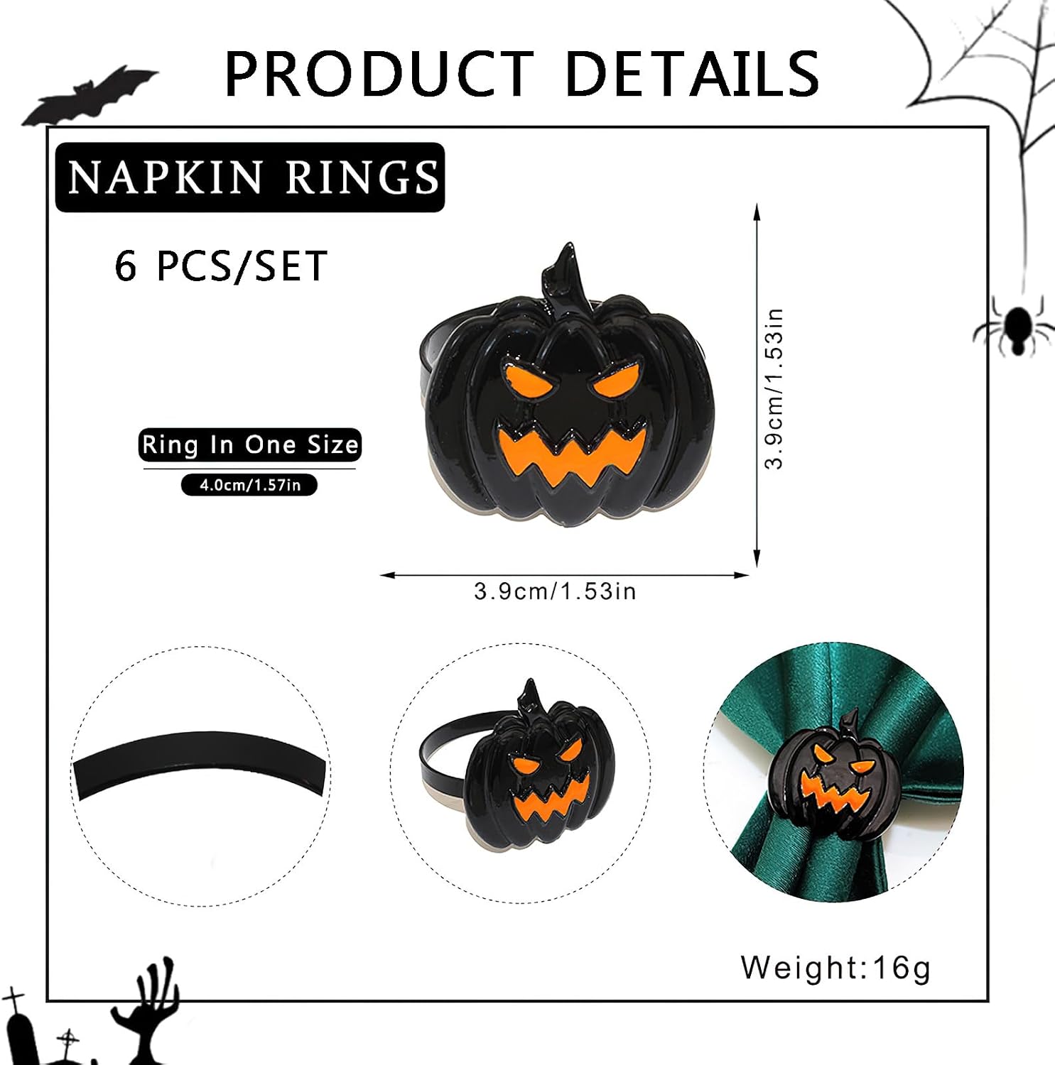 6 Pcs Halloween Napkin Rings Set Pumpkin Napkin Ring Holders Black Spooky Metal Alloy Serviette Buckles for Halloween Kitchen Dinner Table Party Decorations