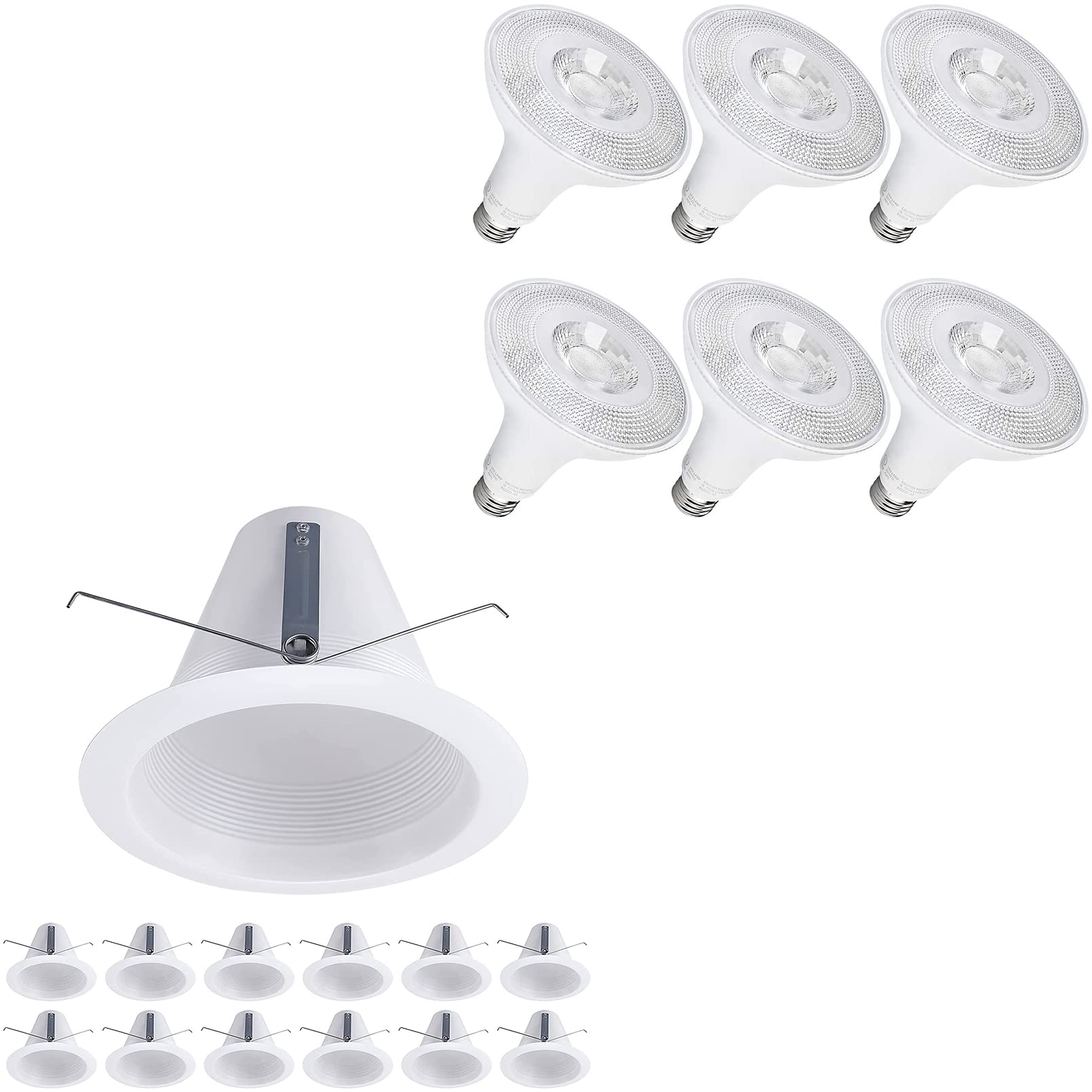 TORCHSTAR 6 Inch Recessed Can Light Trim Bundle PAR38 LED Flood Light Bulb, 12-Pack White Air Tight Baffle Trim, White & 6-Pack PAR38 LED Flood Light Bulb