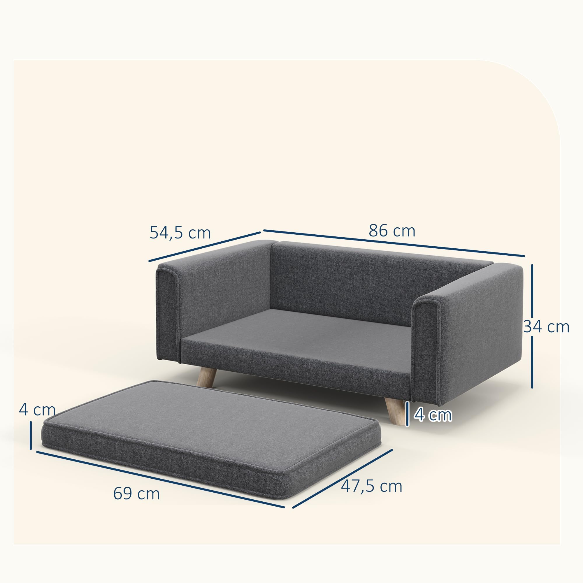 PawHut Hundesofa, Hundebett mit Erhöhtem Design, abnehmbarem und waschbarem Bezug, Haustiersofa mit Holzbeine, für kleine und mittelgroße Hunde, Grau