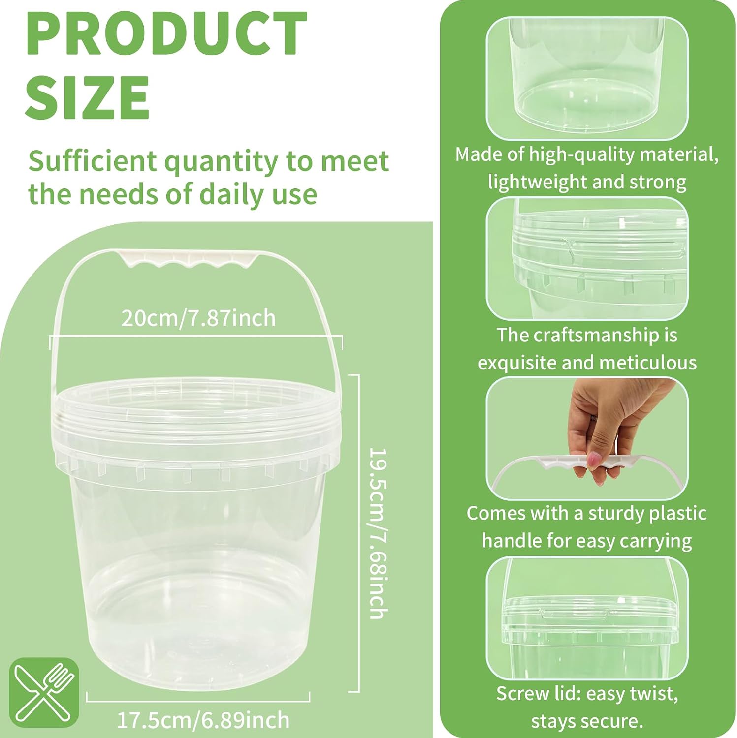 4 Pack 1 Gallon Clear Food Grade Plastic Buckets with Screw Lids&Handle,Food Storage Containers,Reusable Safe Freezer Storage Buckets for Snacks,Salads,Sauces,Ice Cream Tubs for Kitchen Drinks Home