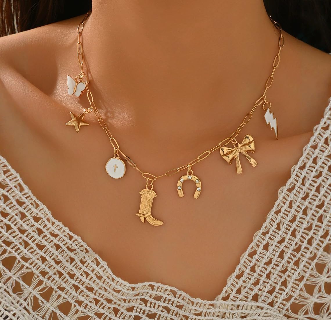 ItsStarred Western Cowgirl Layered Necklace for Women Vintage Silver Plated Bull Head Lightning Flower Turquoise Pendant Chain Necklace Country Concert Cowgirl Accessories - Image 2