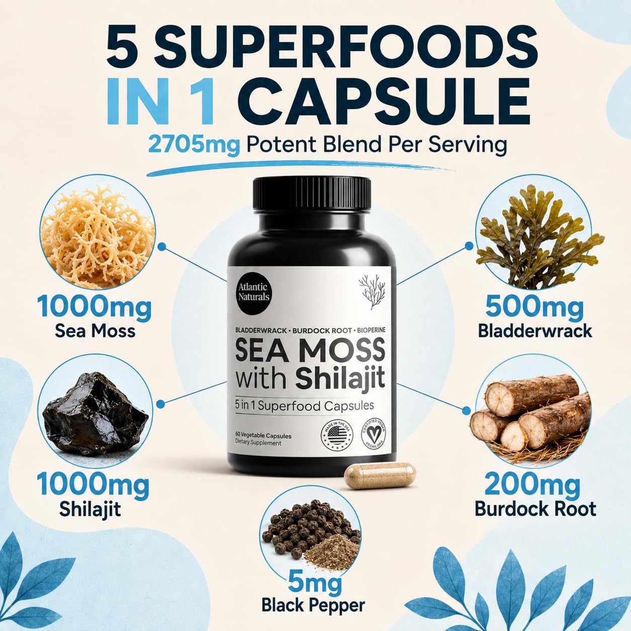 Atlantic Naturals Irish Sea Moss and Shilajit Capsules – 5-in-1 Shilajit Supplement for Men & Women with Bladderwrack, Burdock Root & Black Pepper – Energy, Vitality & Immunity – 2705mg, 60 Servings — Amazon image 4