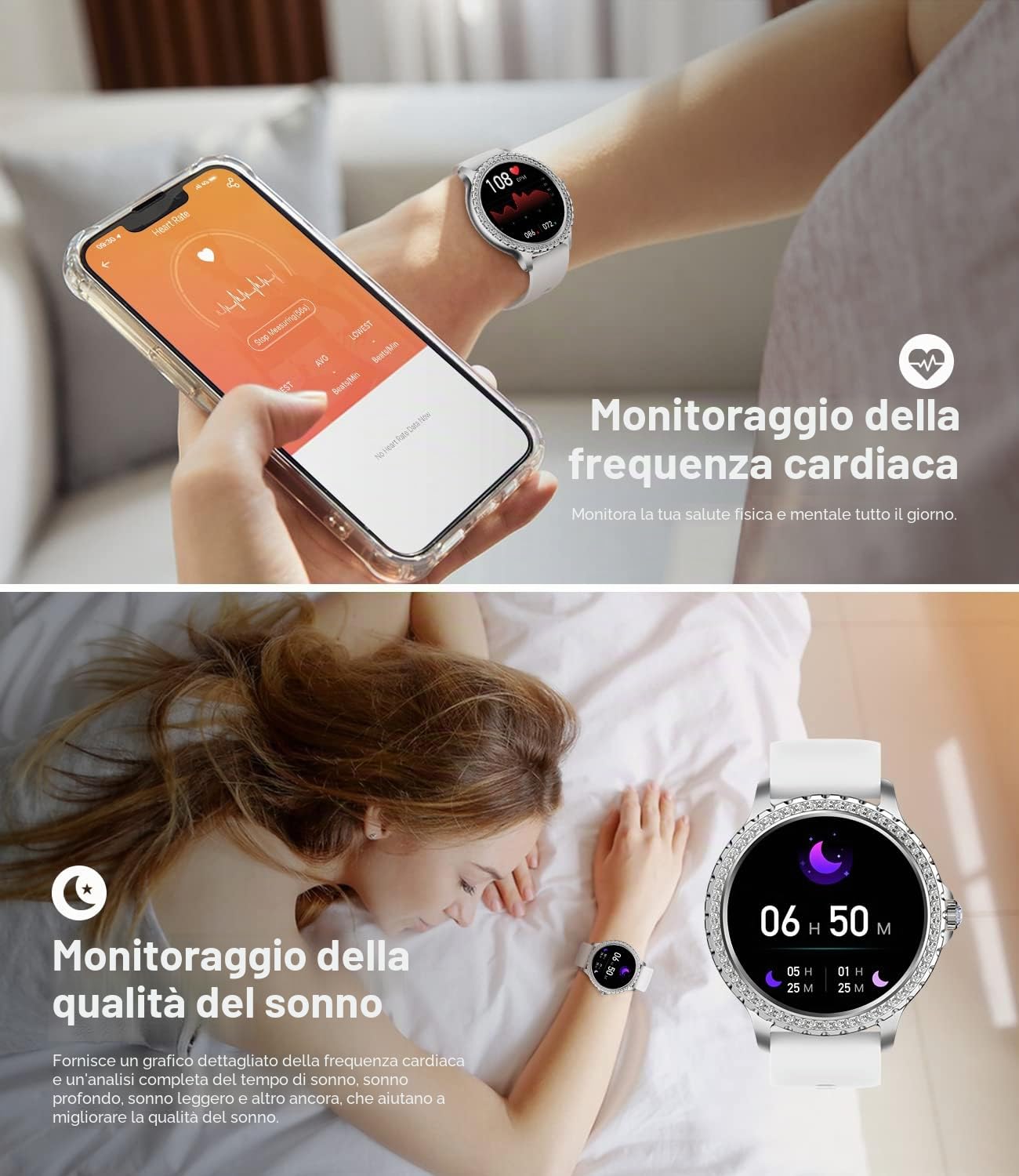 Smartwatch Chiamate, 20 Sport Orologio Smartwatch Donna, Fitness Contapassi Cardiofrequenzimetro Pressione Sanguigna SpO2, Monitoraggio del Sonno, Android iOS,Argento