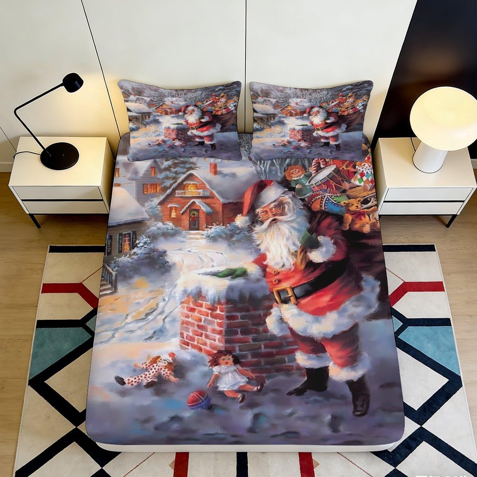 3D Printed Santa Claus Fitted Sheet Microfiber Soft Durable Christmas Bed Cover with Holiday Scene Mattress Cover for Bedroom Dormitory Guest Room 140x200x25cm