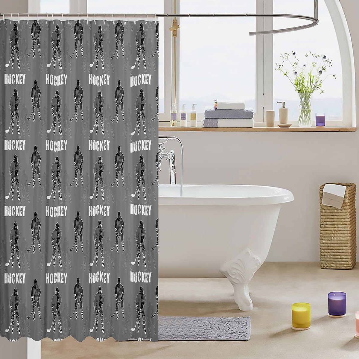 Homewish Hockey Kids Shower Curtains,Winter Ball Sports Game Bathroom Curtain,Ice Hockey Player Home Decor,Grey Fashion Waterproof Curtains,12 Hooks Suits,72" W x 72" L image 3