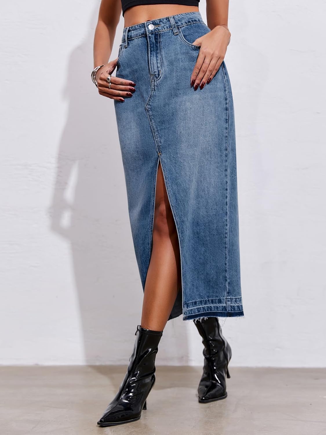 Fisoew Women's Long Denim Maxi Skirts High Waisted Frayed Hem Western Split Jean Skirt Streetwear - Image 3