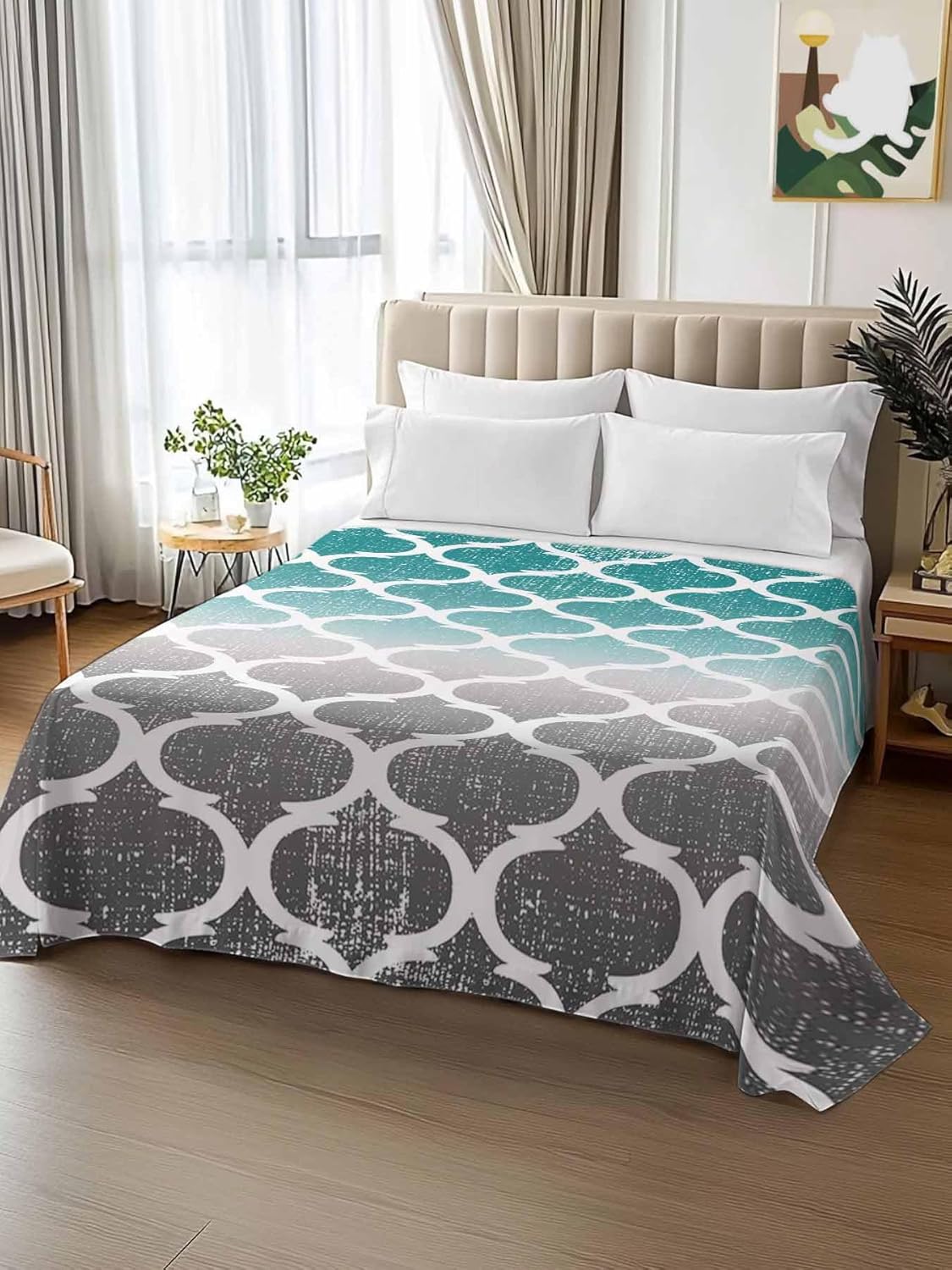 Flat Sheet Only Bedding Top Sheet Queen Morocco Modern Ombre Turquoise Grey Soft Microfiber Breathable Bed Sheets, Abstract Flat Sheets for Bedroom Sofa Men/Women