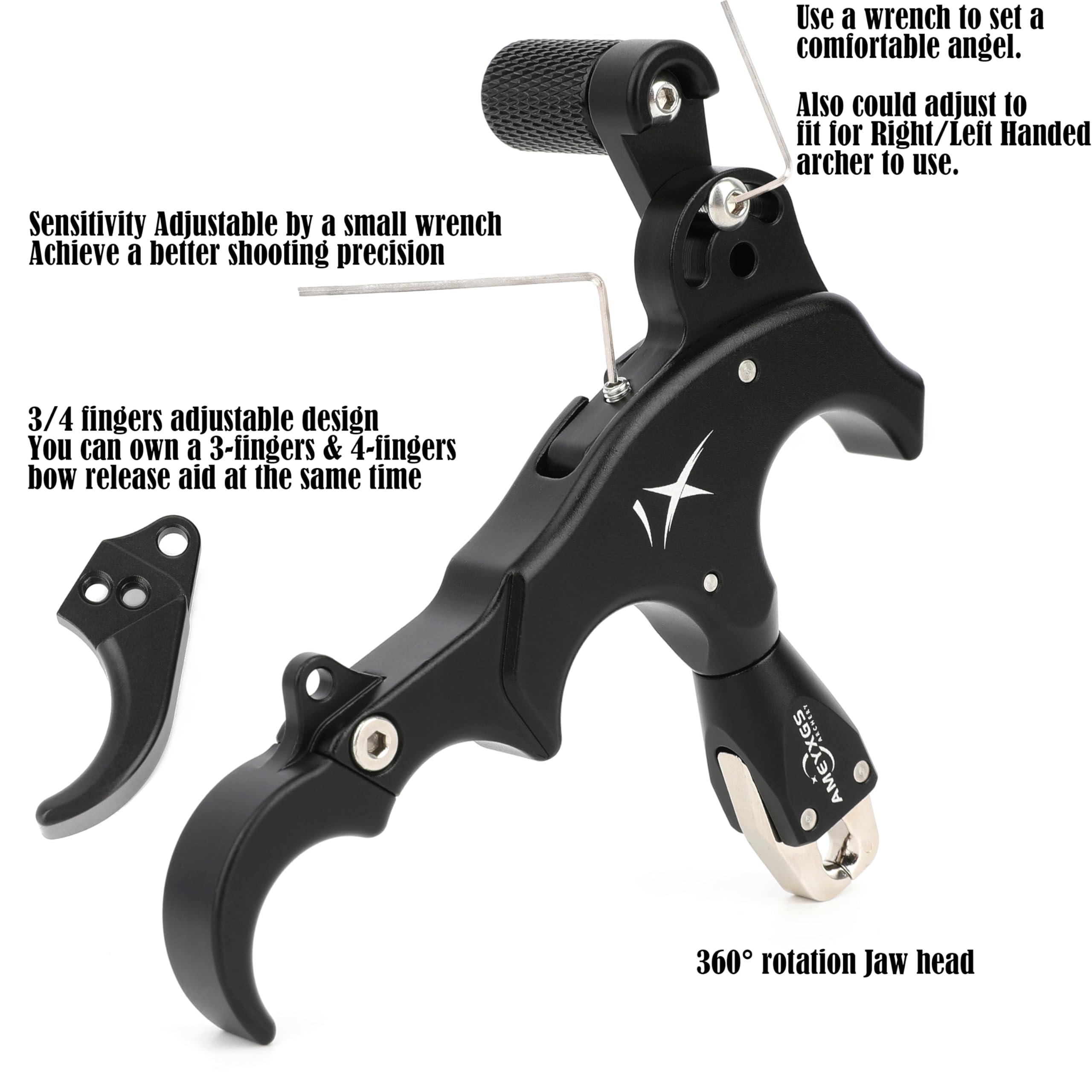 ZSHJGJR Archery Bow Release Aid 360° Rotating Head Thumb Release 3/4 Fingers Adjustable Left/Right Handed for Compound Bow Hunting Shooting Accessories (Black)