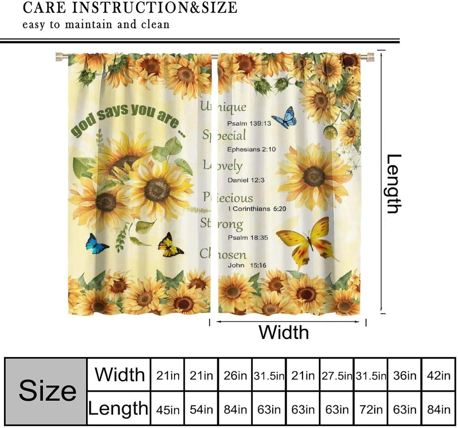 Sunflower Window Curtains, Yellow Floral Butterfly Encouraging Bible Verse Summer Window Treatments for Bedroom Living Room Kitchen Dinning Room Drapes, 72x63 Inch