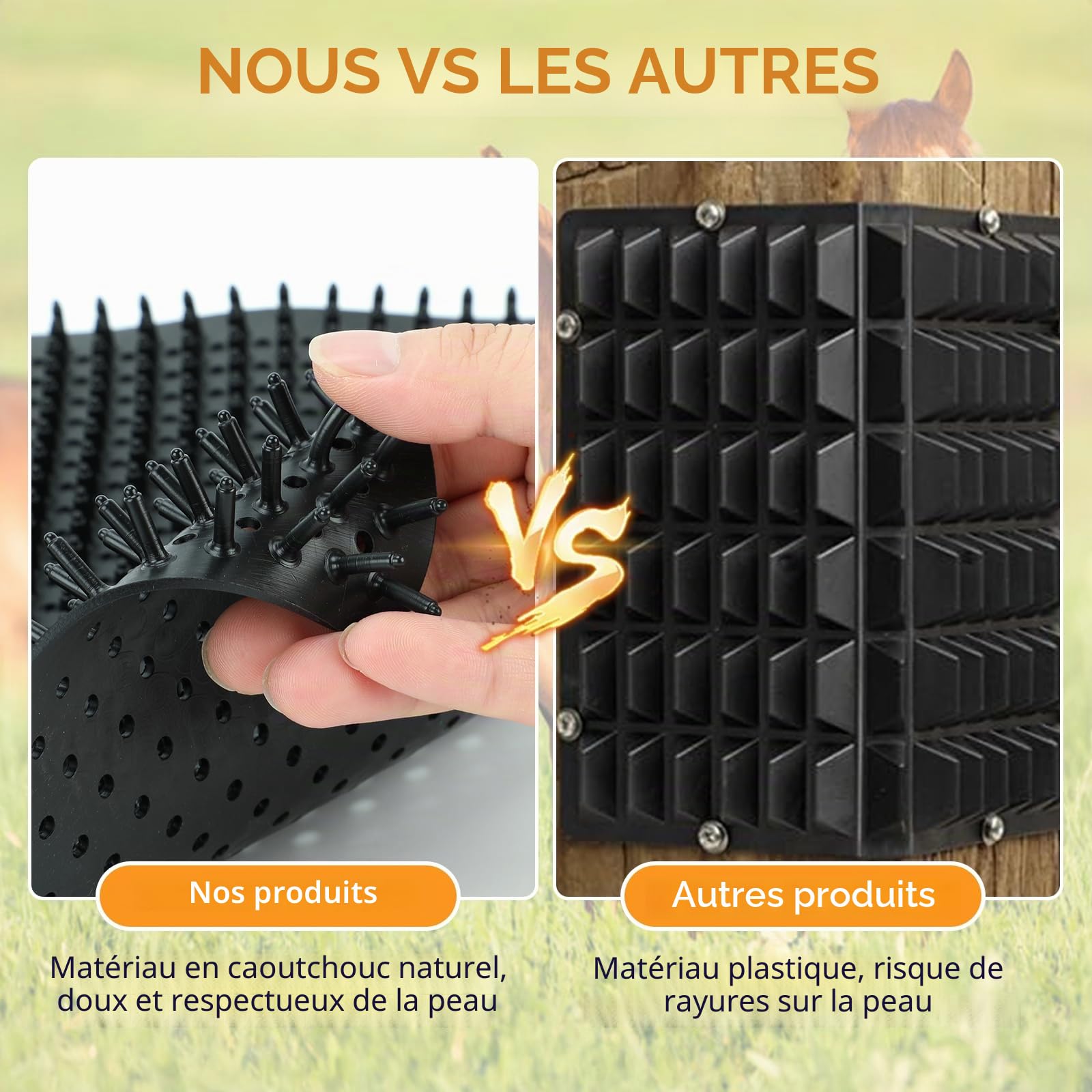 Lot de 2 tapis à gratter pour chevaux, tapis de toilettage et griffoir pour bovins, chèvres, moutons, vaches, brosse avec 32 piquets pour montage mural ou colonne (noir)