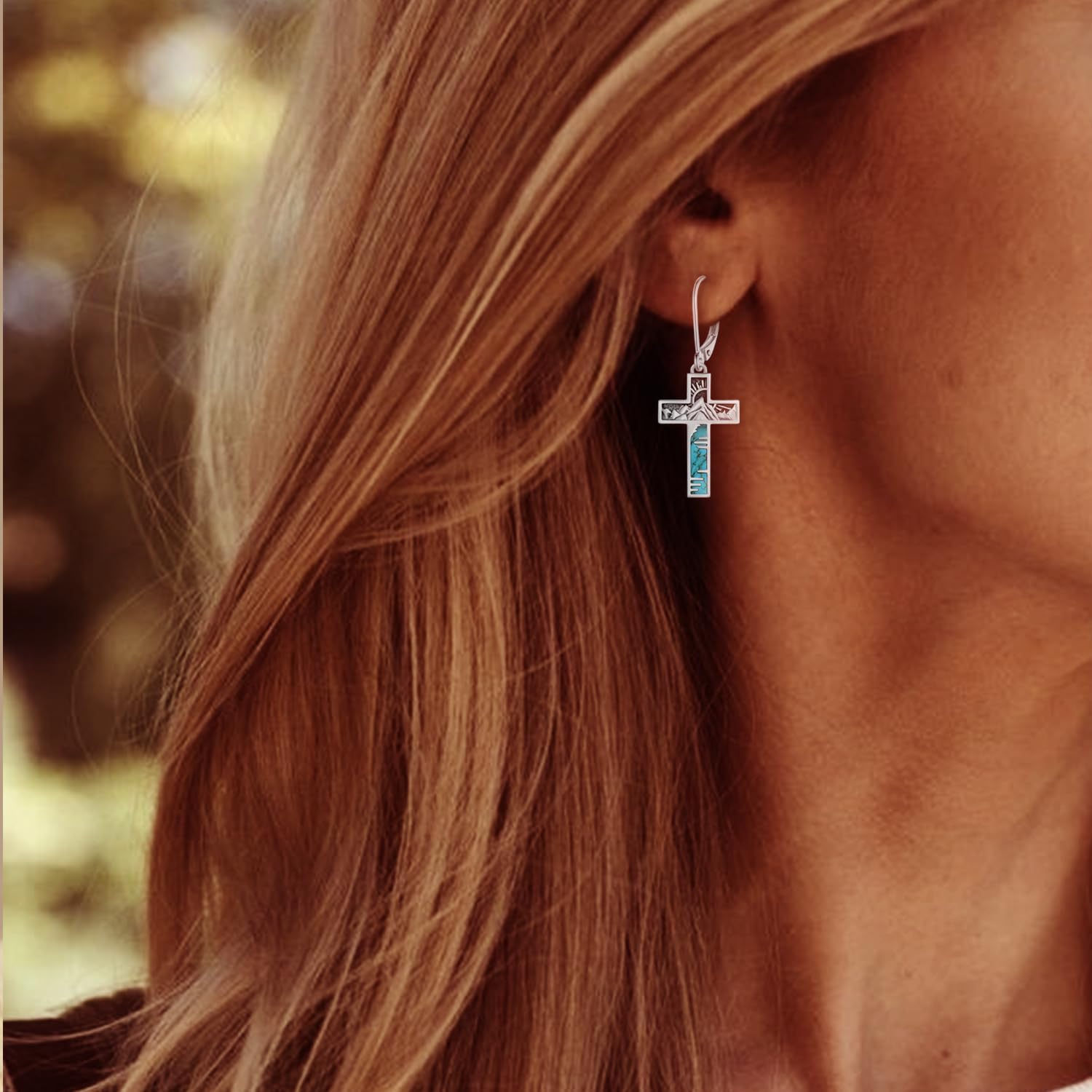 Genuine Turquoise Cross Earrings 925 Sterling Silver Turquoise Earrings Vintage Western Mountains Cross Turquoise Jewelry for Women