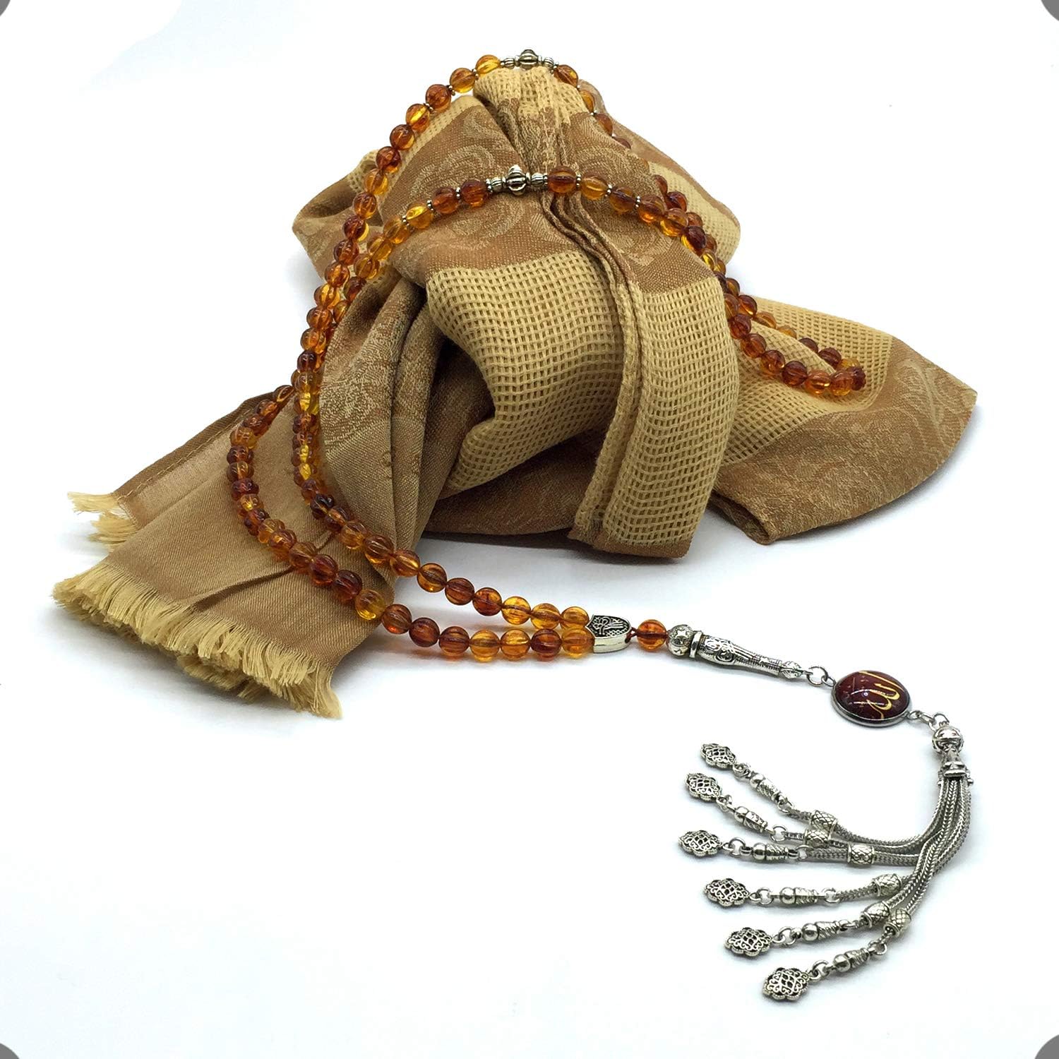 -99 Beads with Scarf -Prayer Beads-Worry Beads-Tesbih-Tasbih-Tasbeeh-Misbaha-Subha-Sibha-Rosary (Mustard Colored Shawl & Corrigated Imitation Amber -7 mm- 99 Beads)