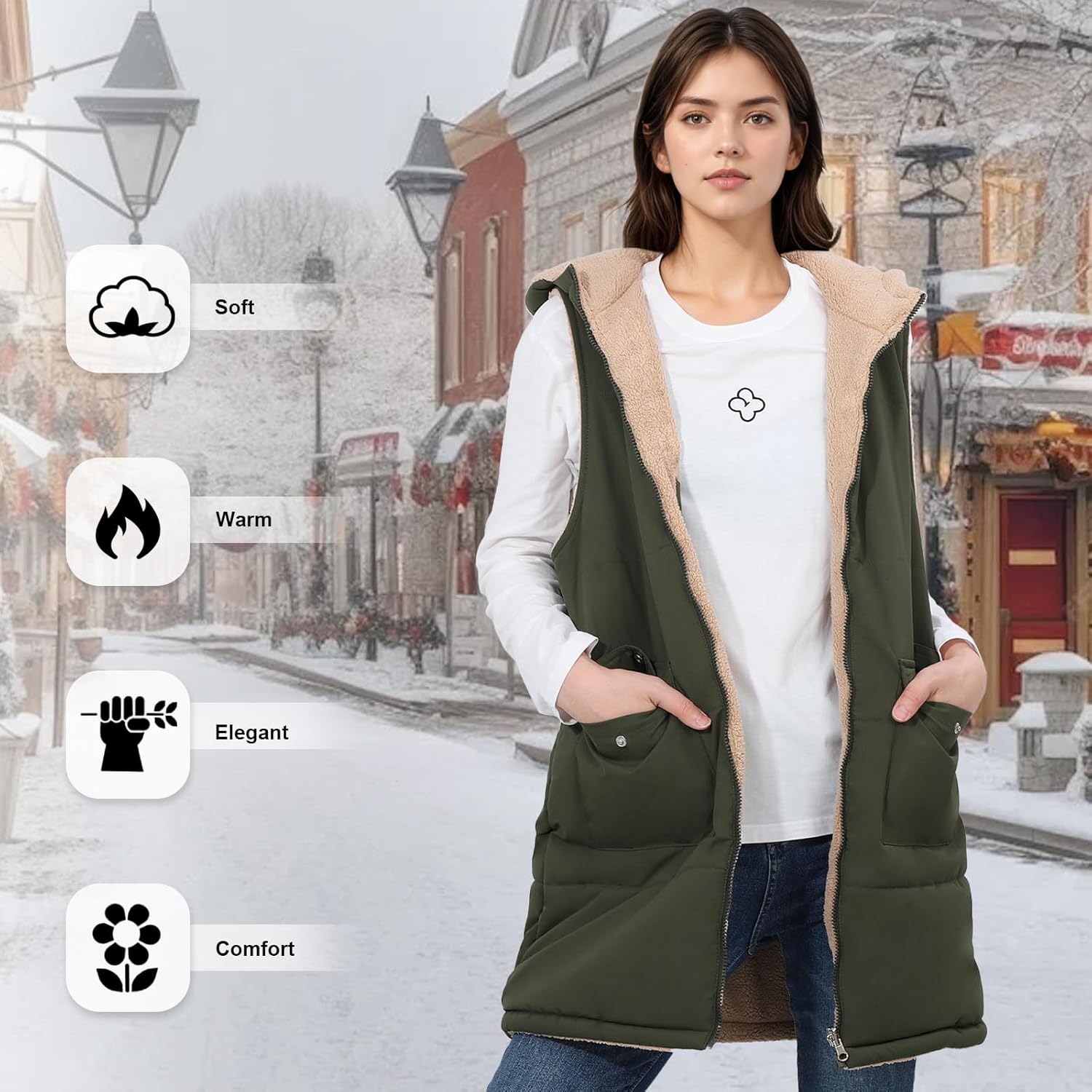 Fecialy Fall Long Vest for Women Sleeveless Reversible Fleece Sherpa Jacket Zip Up Warm Winter Coat Outerwear Vests - Image 6
