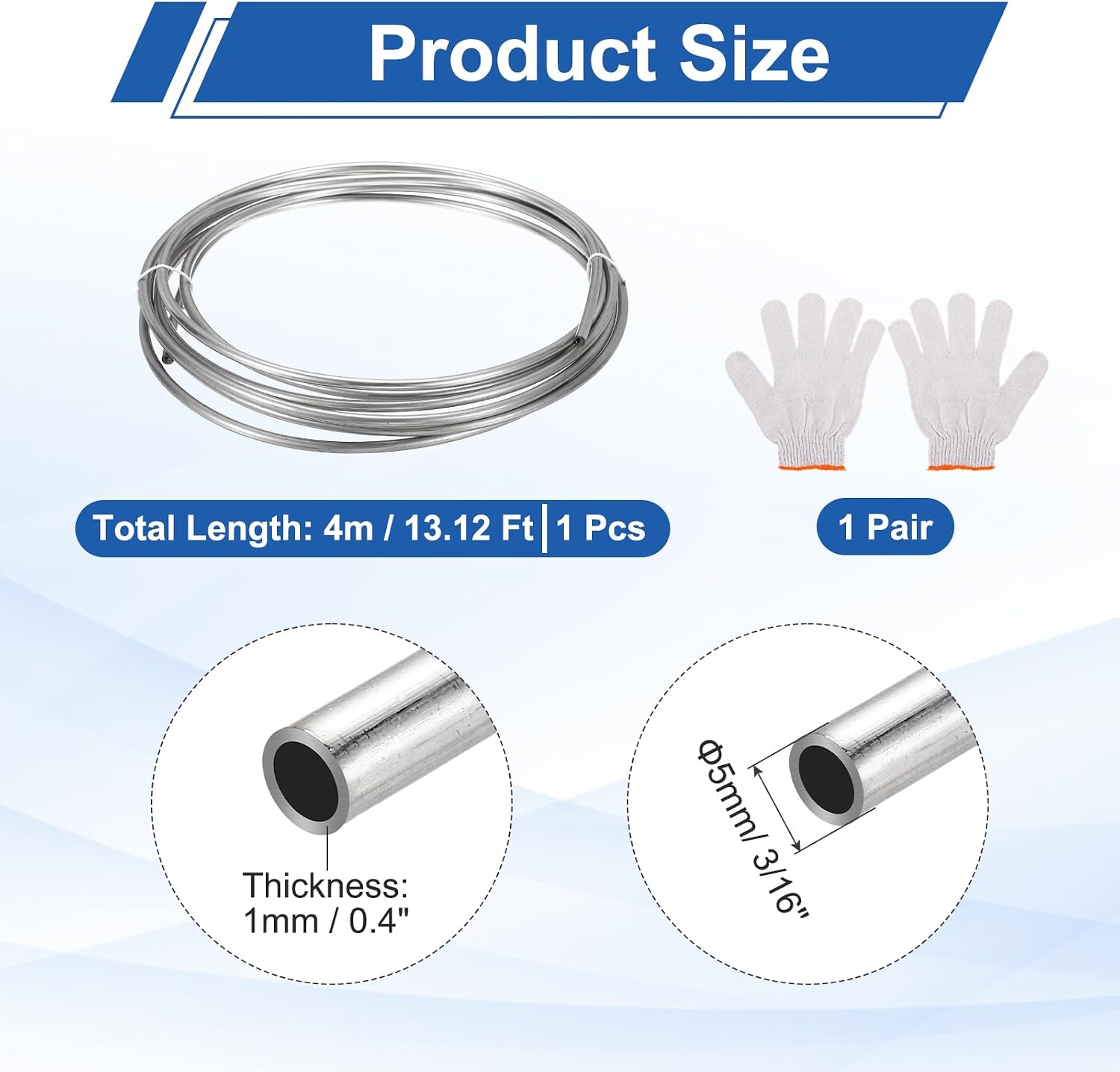 uxcell Stainless Steel Tubing Coil, 3/16" OD x 13.12 ft Industrial 304 Stainless Steel Welded Tubing with Gloves, Silver Tone 0.04"Thickness