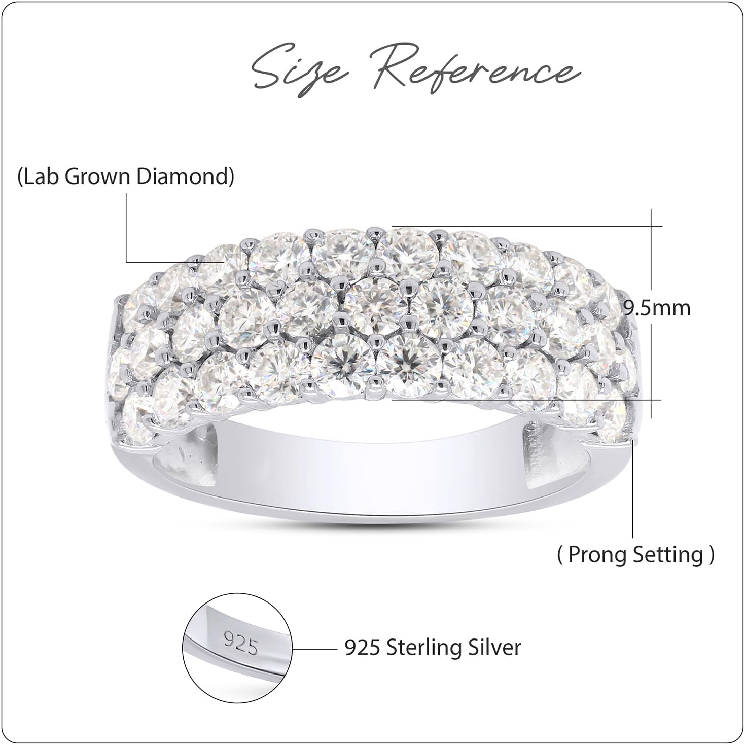 3-Row Half Eternity Wedding Band Ring For Women Round Lab Created Moissanite or Lab Grown Diamond Anniversary Ring in 14K Gold Plated Sterling Silver Jewelry