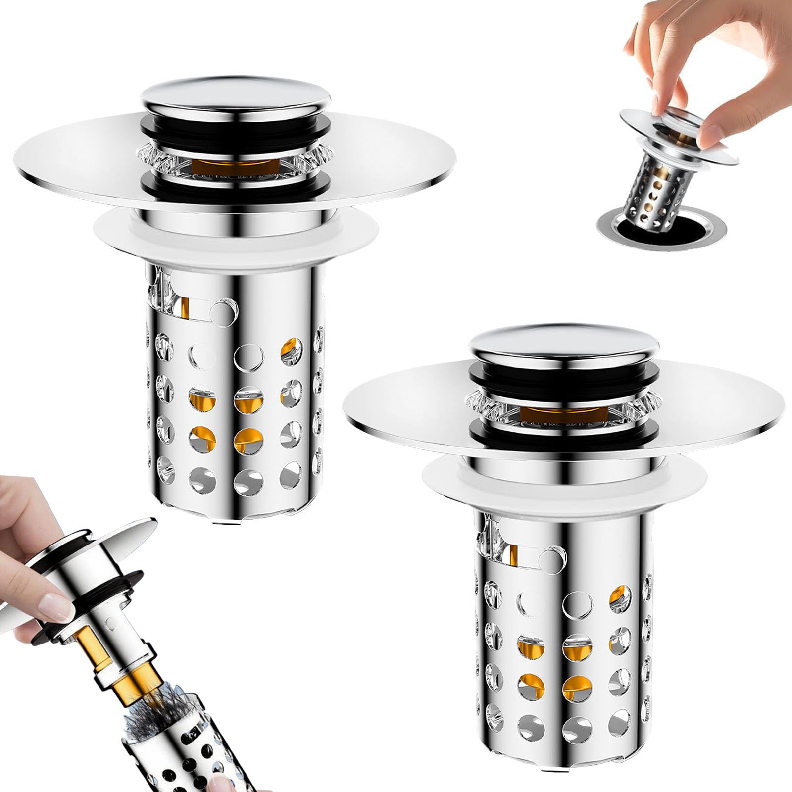 Upgraded 3 in 1 Bathroom Sink Plug, Sink Stopper Universal Pop Up Sink Plug Replacement with Removable Filter Basket Hair Catcher, for 28-40mm Basin Hole, Brass Bullet Core, Chrome (Style 1-2PCS)