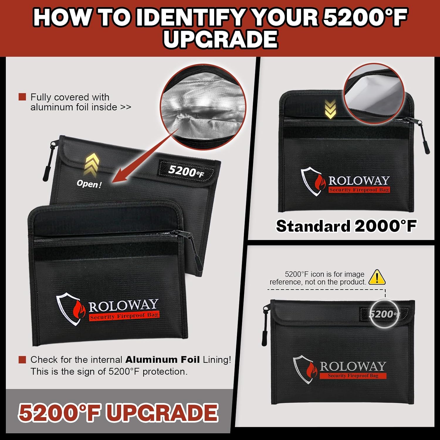 ROLOWAY Fireproof Bag (9.6 x 6.6 inches) 5200℉ Heat Insulated, Fireproof Money Bag with Zipper for Cash (2-Pack Black) - Image 6