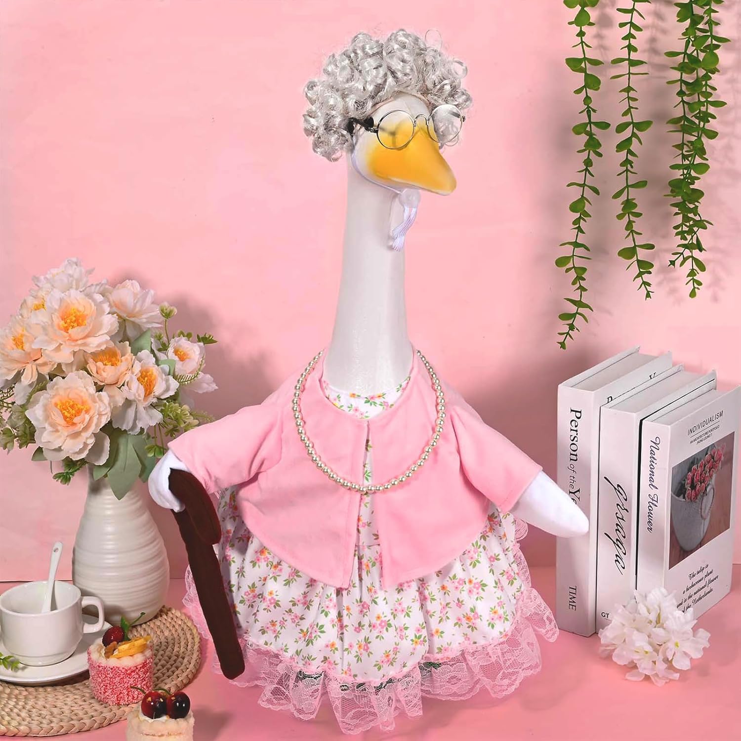 JcHrmers Old Lady Goose Outfits Porch Goose Clothes Fits 23" Cement Plastic Goose Statue for Christmas 100 Days of School Outdoor Garden Lawn Yard Patio Art Decor (Style1)