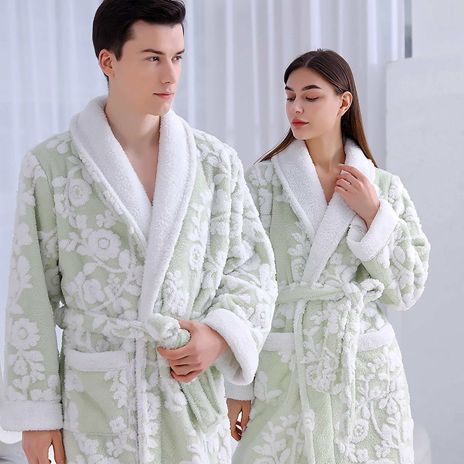 Generisch Albornoz para mujer de forro polar de rizo, traje de casa, térmico, mullido, largo, de invierno, grueso, bata de baño, ropa de casa, traje de ocio con bolsillos