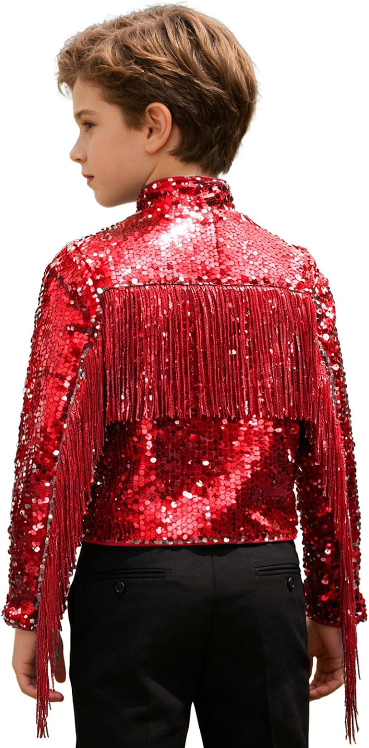 Loyan Boys Hip Hop Jazz Dance Tops Fringe Bomber Coat Tassel Sequin Jacket Outwear Disco Party Performance Costume