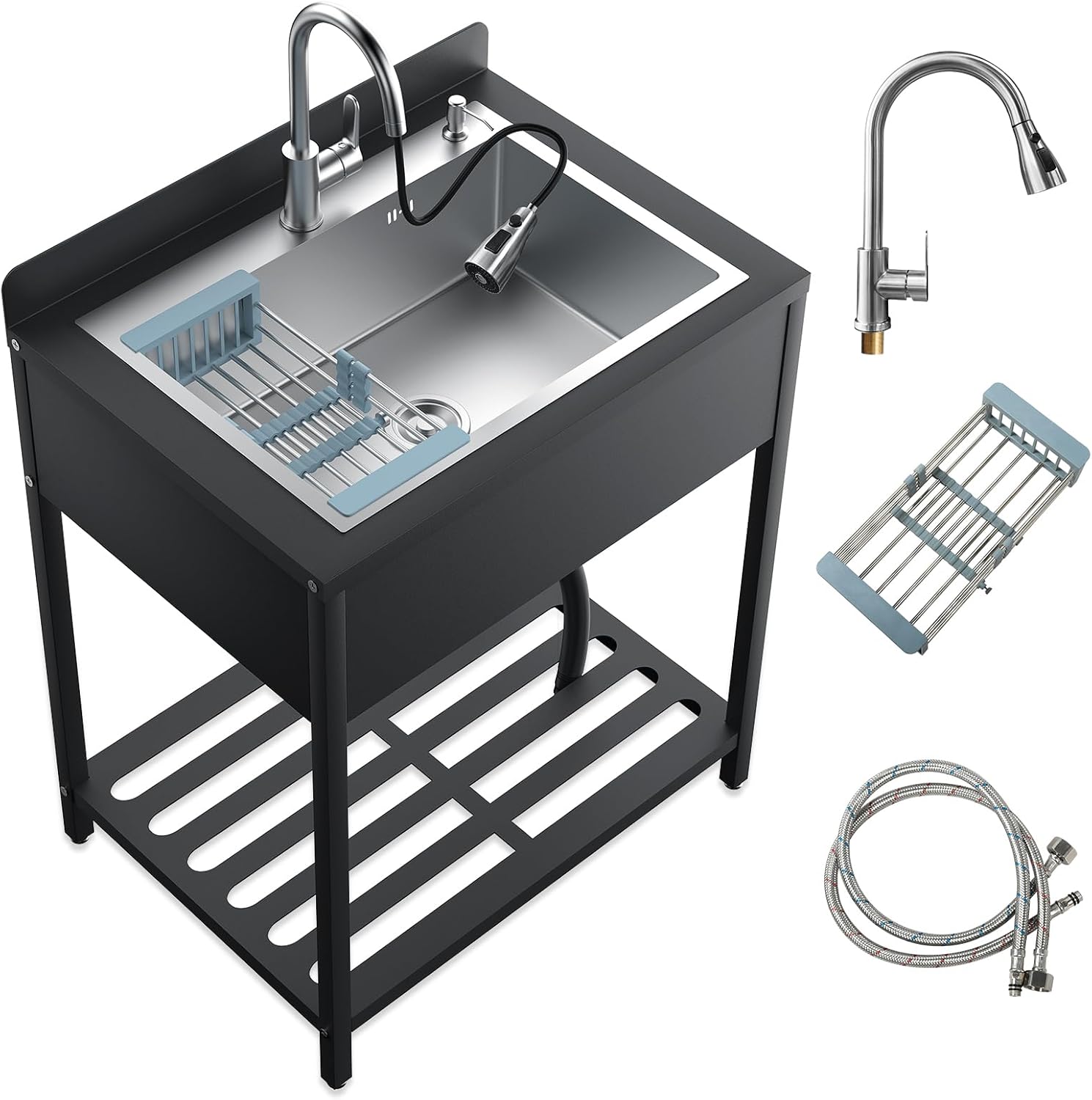 40'' Stainless Steel Utility Sink, Free Stand Commercial Kitchen Single Bowl Sink with Pull-Out Cold & Hot Faucet, Utility Sink for Laundry Room, Kitchen, Bathroom, Hoses & Drain Kit (Style A, Silver)