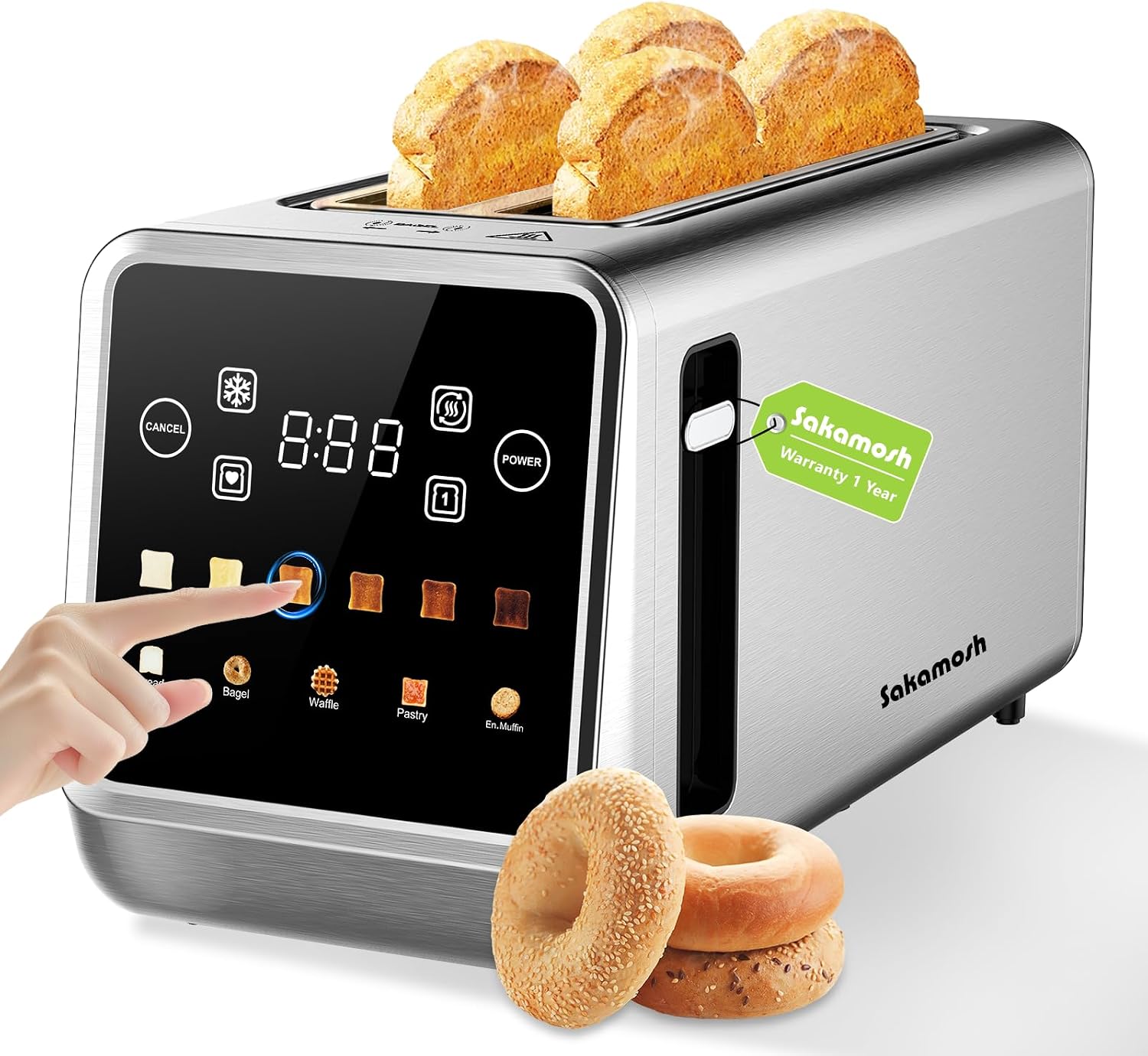 SAKAMOSH 4 Slice Smart Touch Toaster with Wide Slots for Bagels | 1400W Even Toasting, Wide & Long Slots, Timer, Single Slice Toasting, Reheat, Defrost, 6 Browning Levels for Bagel Waffle